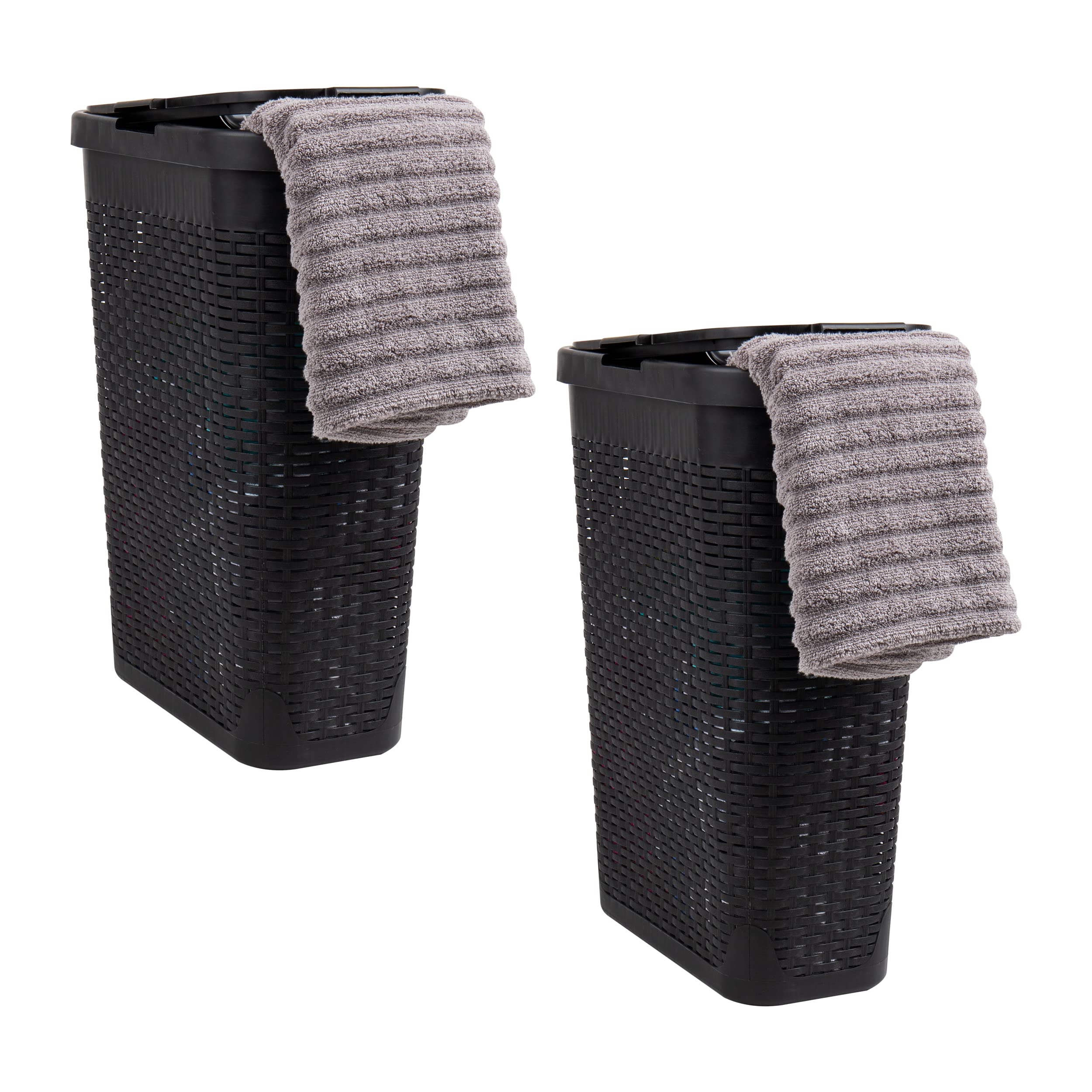 Mind Reader 40L Slim Laundry Hamper, Clothes Basket, Lid, Wicker Design, Plastic, 18''L X 10.4''W X 23.5''H, Set Of 2, Black