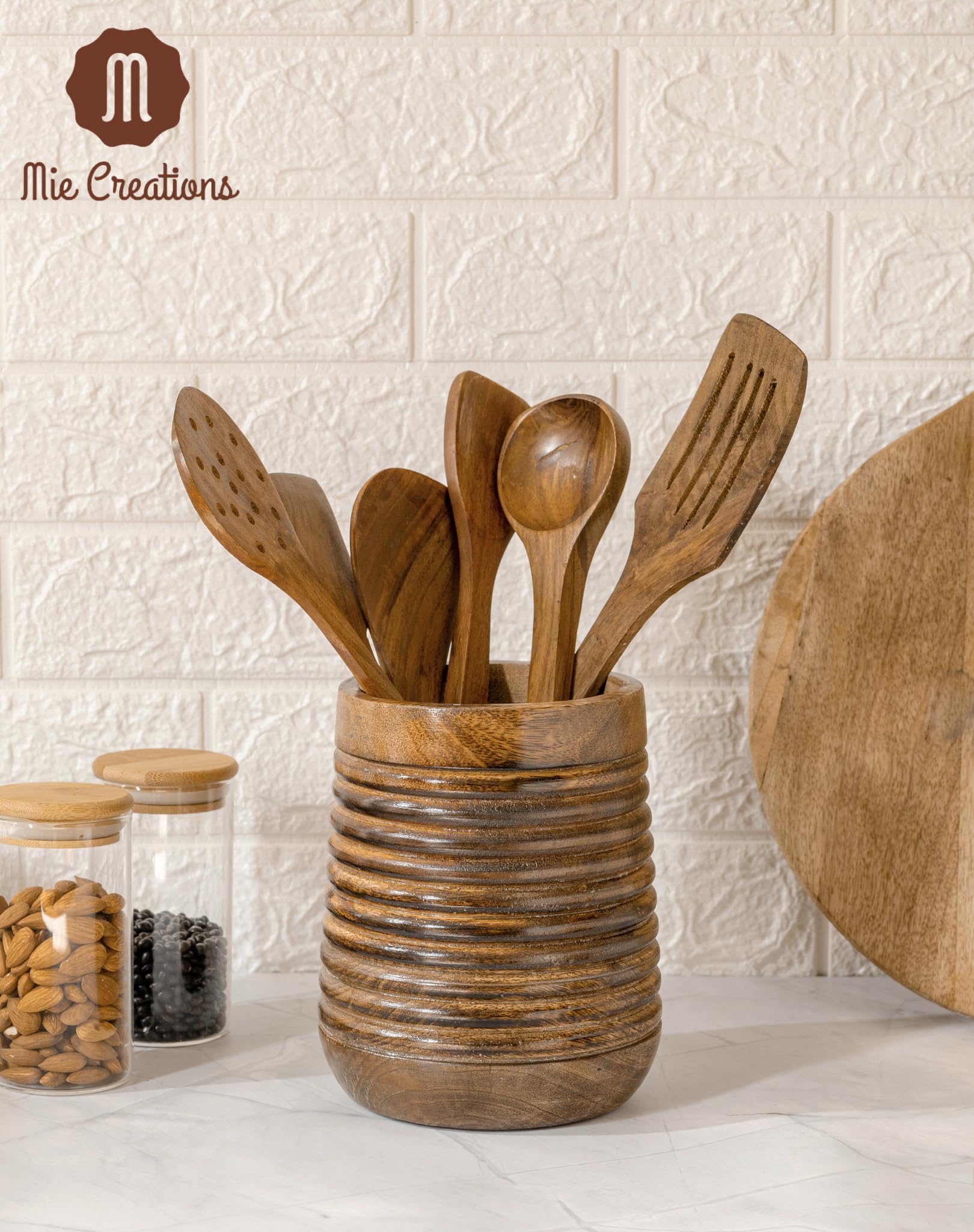 Mie Creations Rustic 7'' Large Utensil Crock Holder For Kitchen Countertop | Wooden Cooking Spatula Organizer For Party, Mothers
