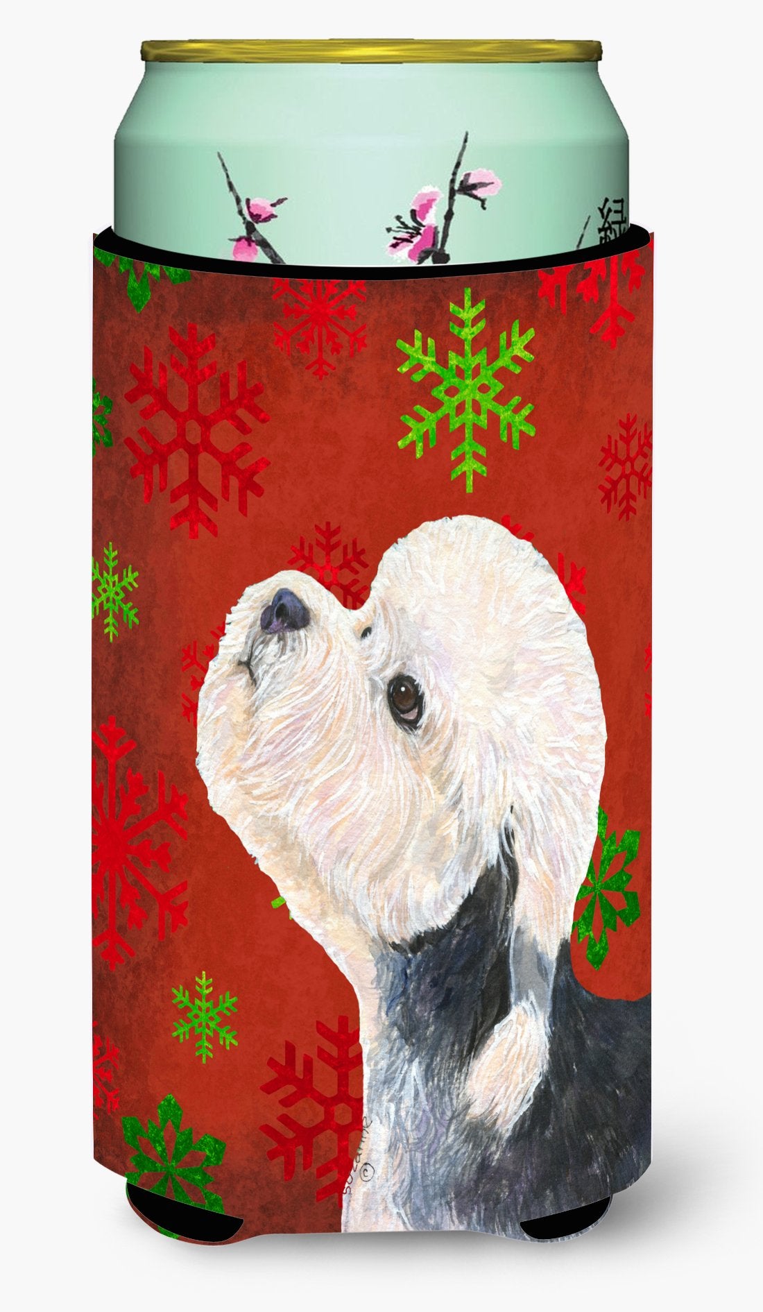 Dandie Dinmont Terrier Red Green Snowflakes Christmas  Tall Boy Beverage Insulator Beverage Insulator Hugger
