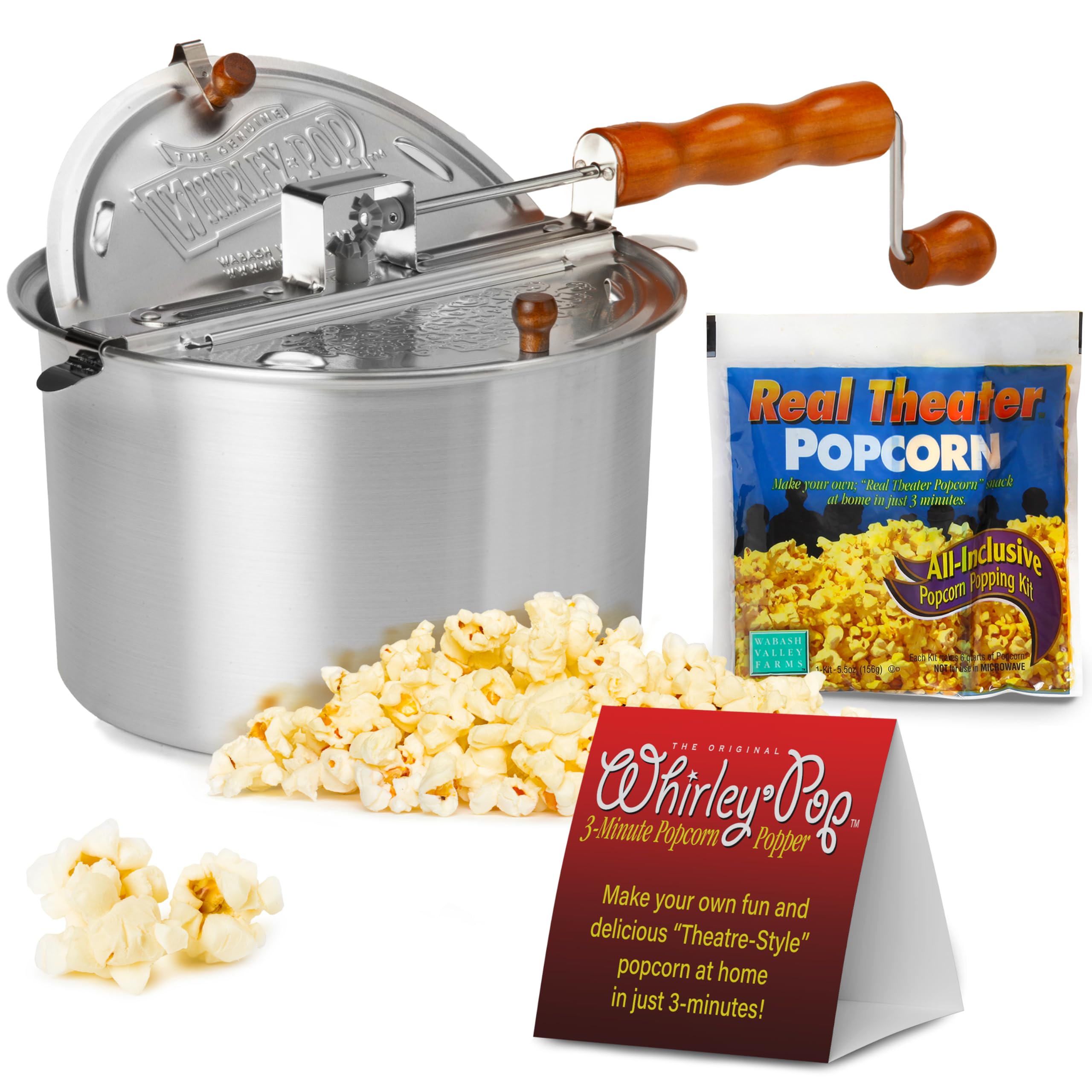 Wabash Valley Farms Popcorn Popper Kit - Silver, Nylon Gear Whirley Pop Popcorn Maker w/Kernels. Ideal Stovetop Popcorn Popper f