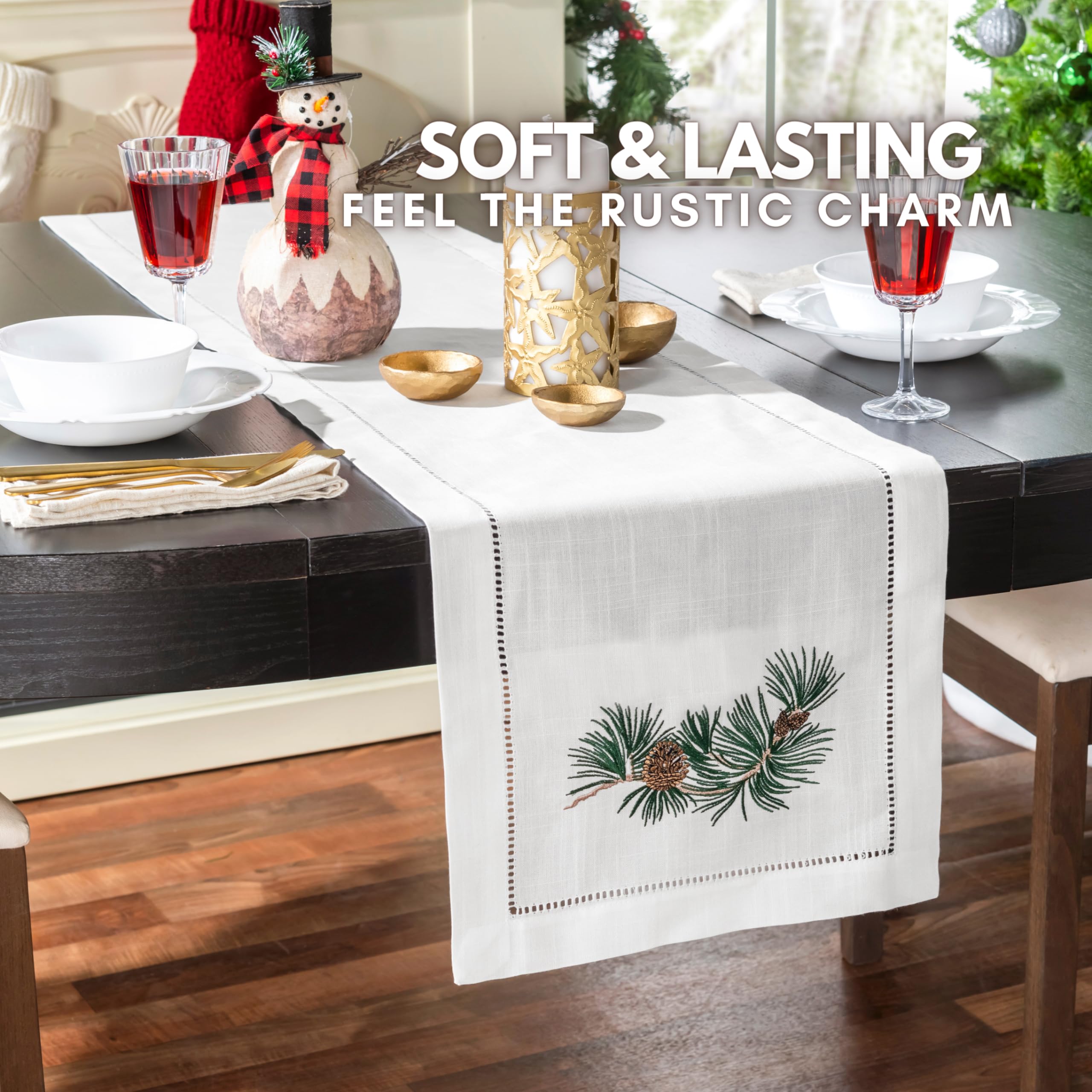 Brio Trends Pinecone Embroidered White Christmas Table Runner - Ideal For Woodland Christmas Decor, Rustic Farmhouse Kitchen Dec