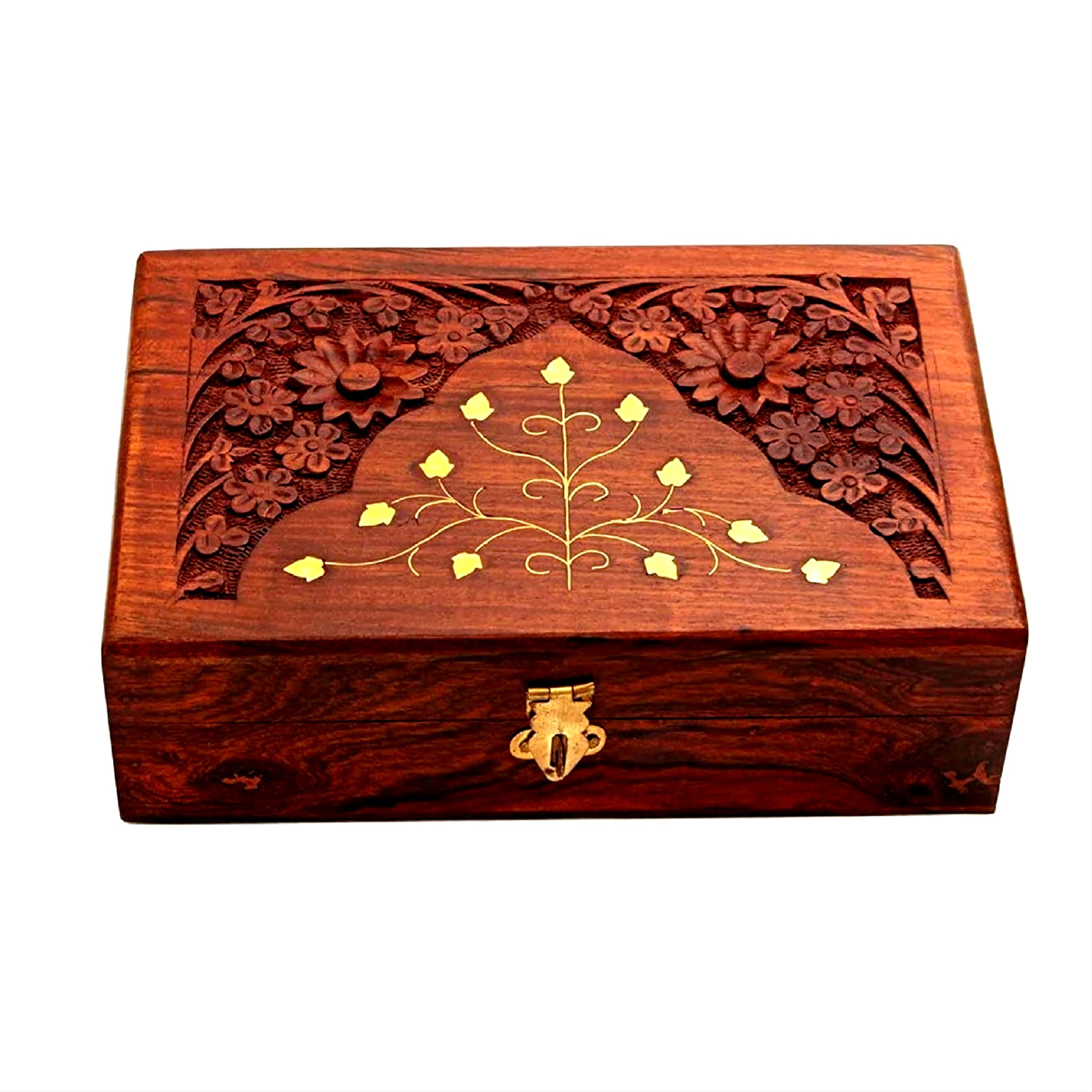 Rgrandsons Handmade Wooden Keepsake Storage Box Jewelry Trinket Holder Organizer Floral Hand Carvings With Brass Inlay 8 Inch