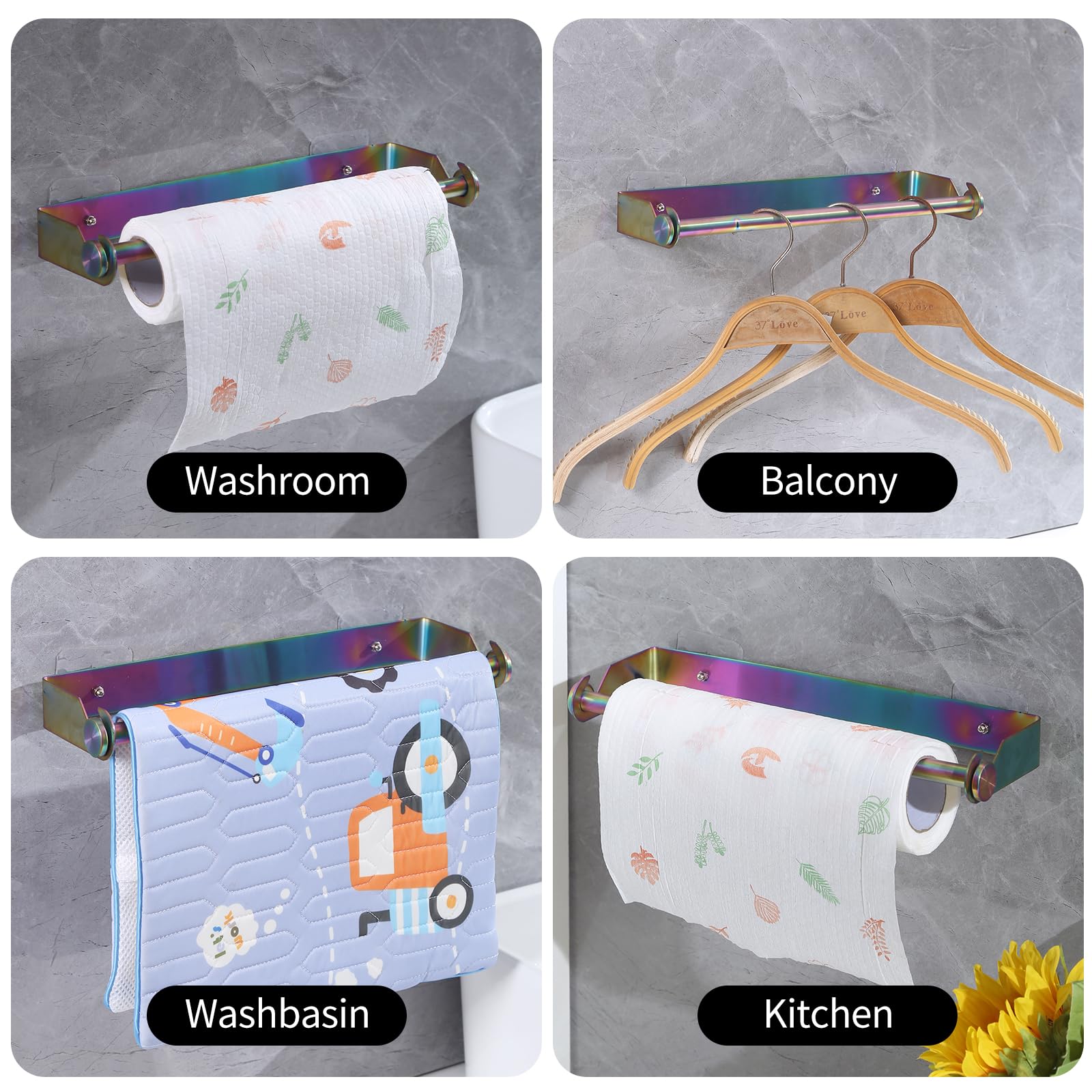 Paper Towel Holder Under Cabinet For Kitchen, Sus304 Stainless Steel Paper Roll Holder, Rainbow Self Adhesive Or Screw Mounting