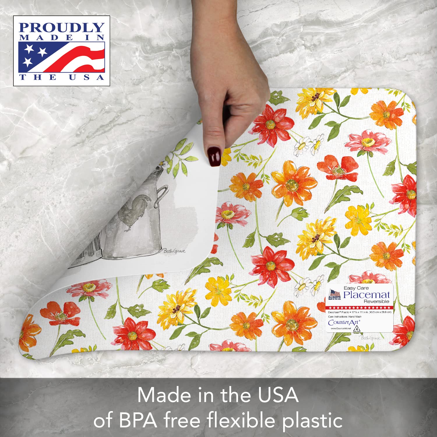 Counterart Farmhouse Floral 4 Pack Reversible Easy Care Flexible Plastic Placemats Made In The Usa Bpa Free Pvc Free Easily Wipe