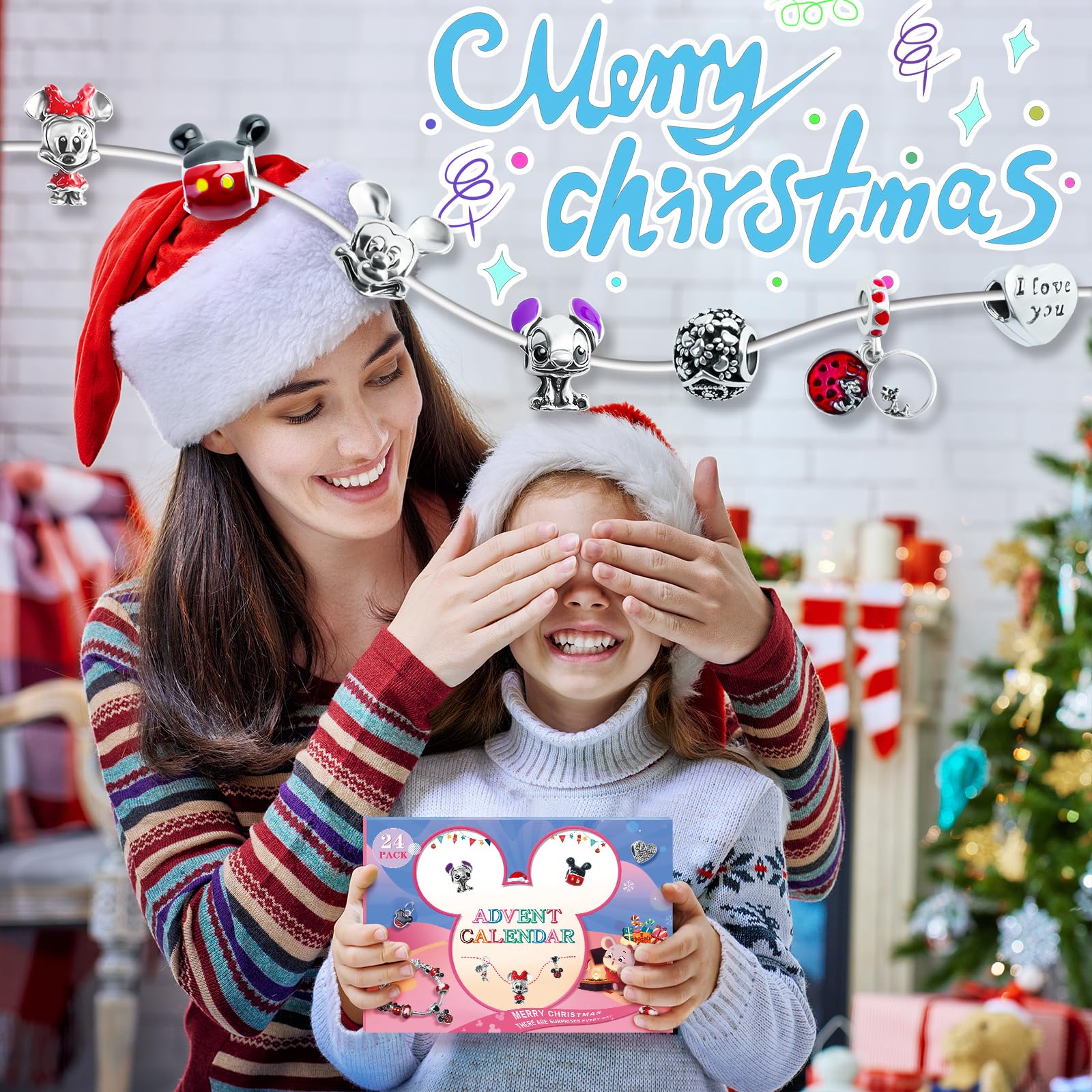 SWIND 2025 Christmas Advent Calendar 24 Day Xmas with 2 Bracelet & 22 Unique Jewelry Charms DIY Bracelet Set Christmas Countdown