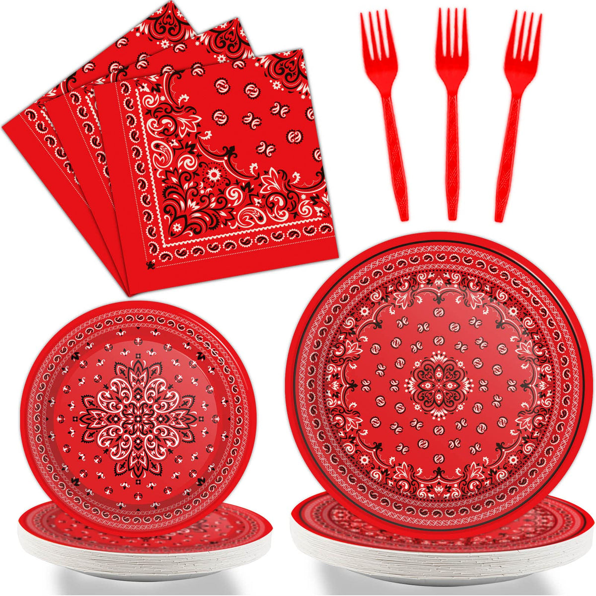 Wiooffen 96 Pcs Red Bandana Western Party Supplies Paisley Cowboy Cowgirl Farm Themed Party Decoration Bandana Western Party Tab