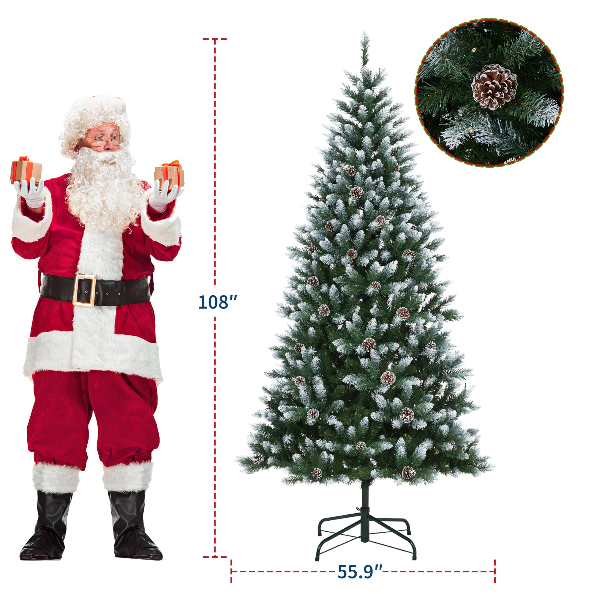9FT Pre-Lit Artificial Christmas Tree with 900 Lights, 1738 Snow-Covered Pine Needle Tips & Pine Cones, White Winter Themed Tree