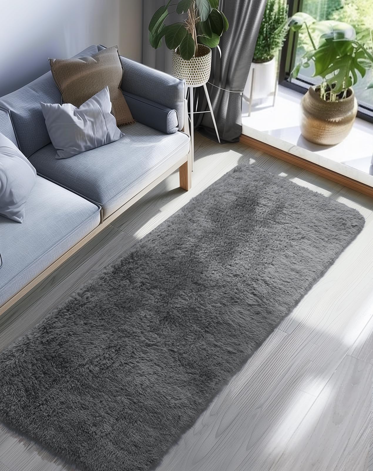 Ophanie 2x8 Runner Rug for Hallway, Upgrade Non-Slip Fluffy Soft Bedside Rugs, Bedroom Living Room Grey Shaggy Gray Carpet for K