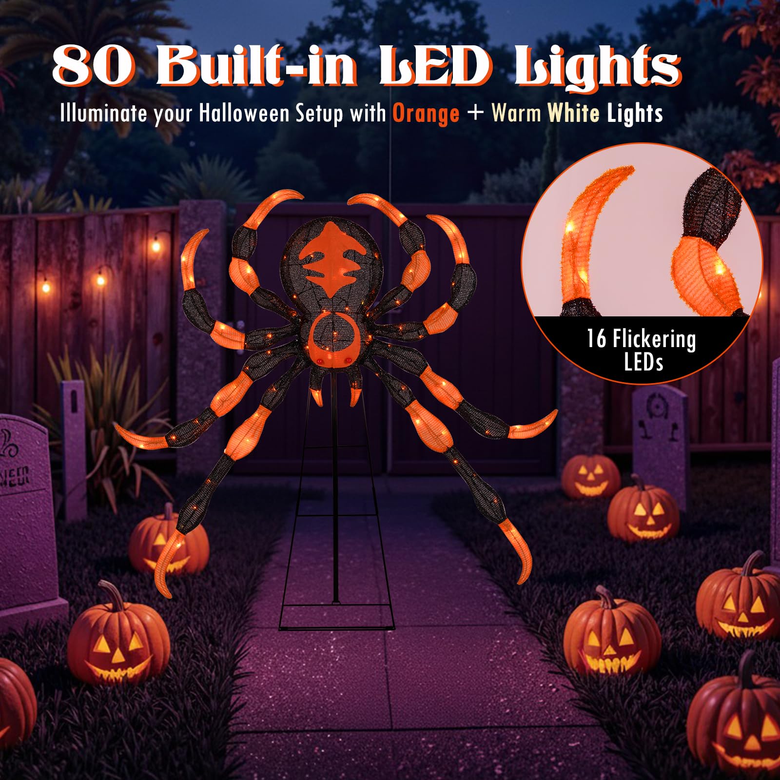 Tangkula 52    Halloween Spider Decoration, Lighted Spider on Stand with 16 Flickering Warm White LEDs, 64 Orange LEDs, Holiday