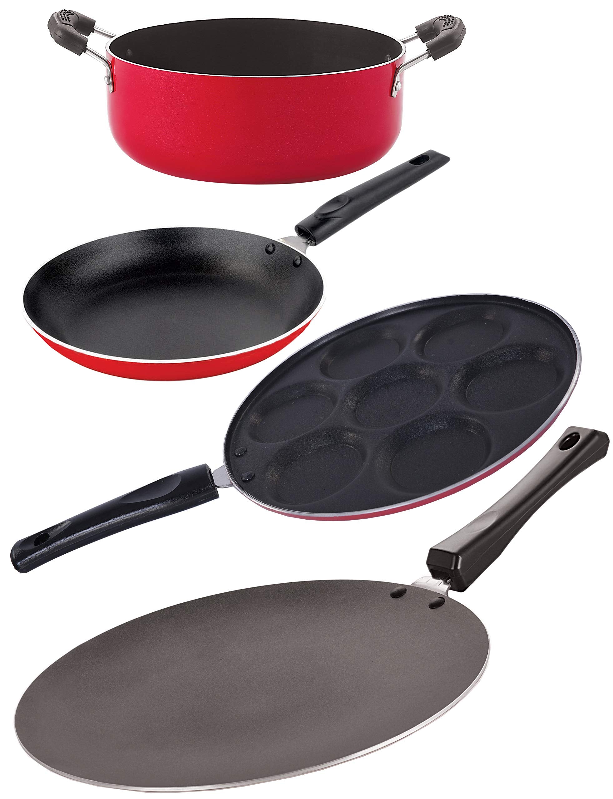 Nirlon NonStick Aluminum Cookware Set, 4Piece, Red And Black (2.6Mm_Ct12_Up(7)_Tp_Cass22)