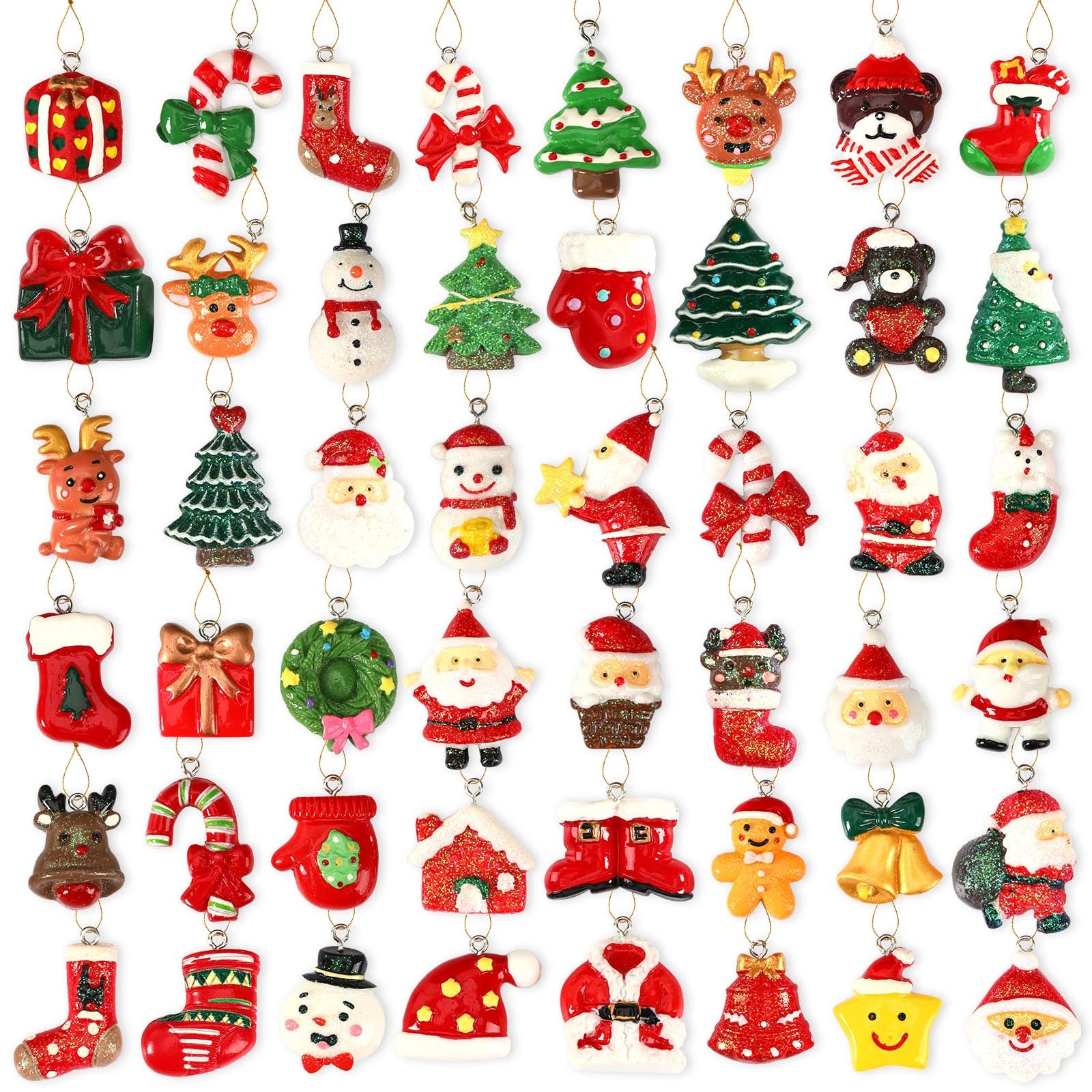 DTOFOOT 48PCS Mini Resin Christmas Ornaments Tiny Christmas Hanging Ornaments for Tree Xmas Miniatures Figurines Charms with Str