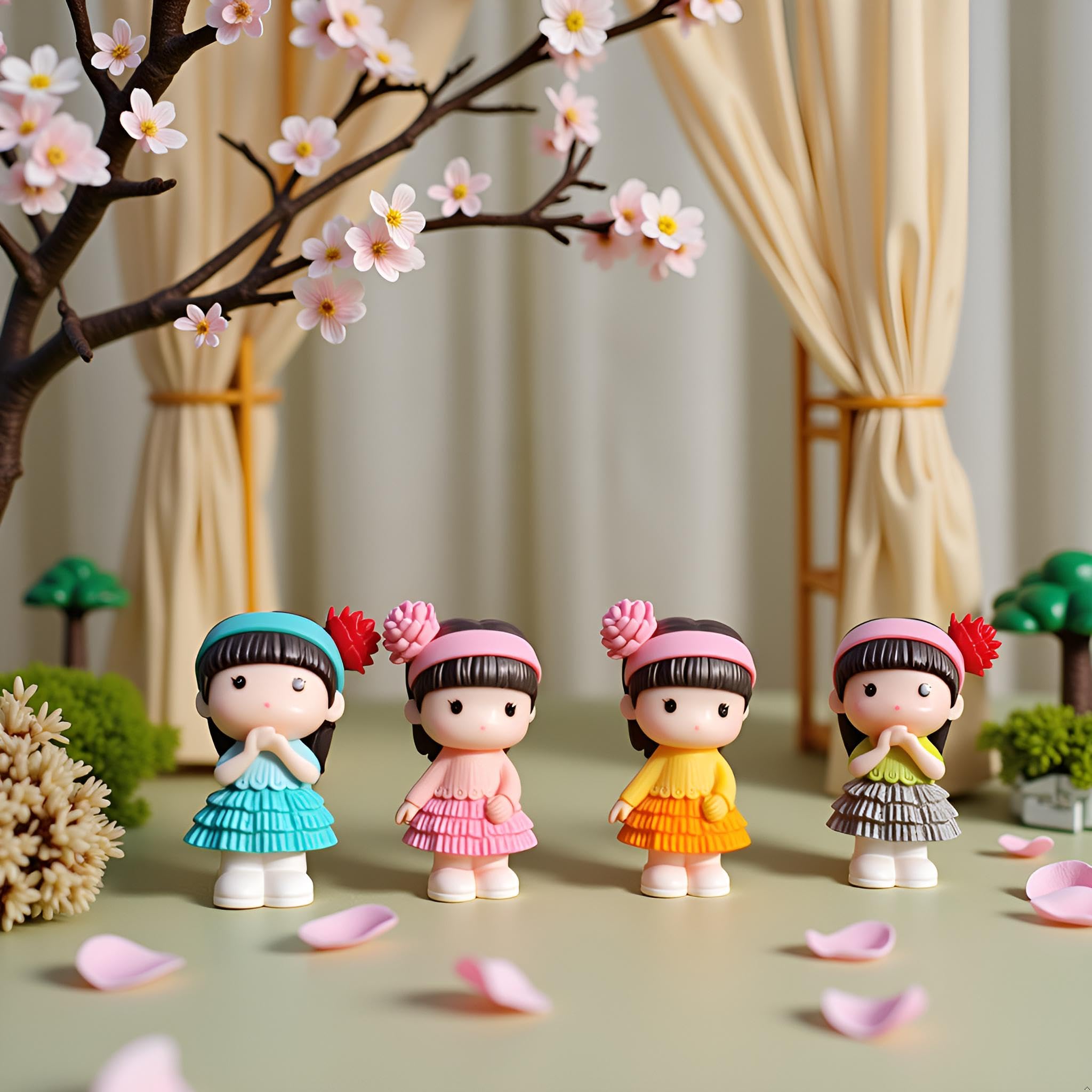 Spiaty Pvc Decorative Miniature Dolls, Set Of 4 Colourful Figurines With Ruffled Dresses For Car, Home And Office Decor