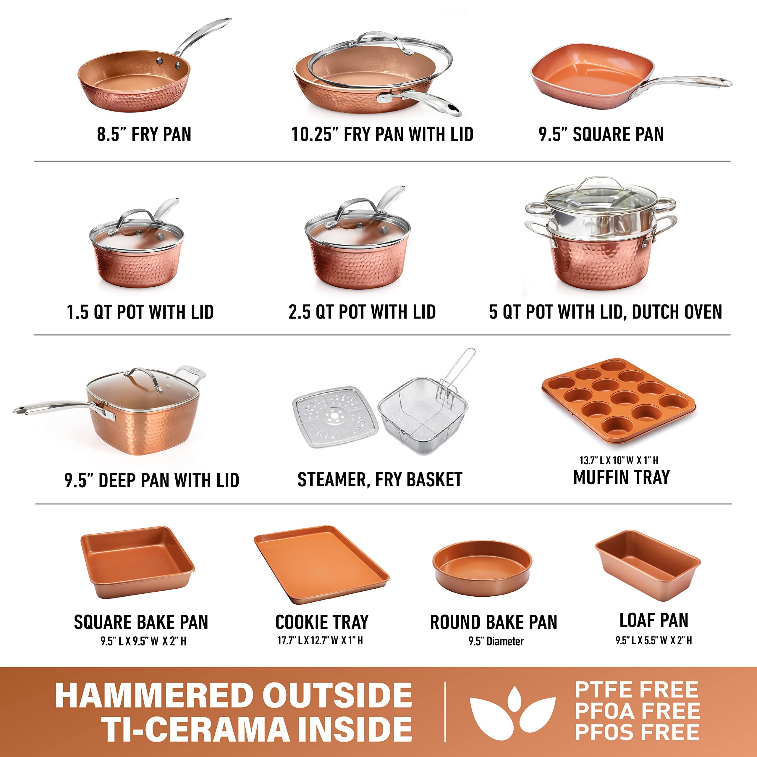 Gotham Steel Hammered Copper Collection - 20 Piece Premium Pots and Pans Set Nonstick Ceramic Cookware + Bakeware Set for Kitche