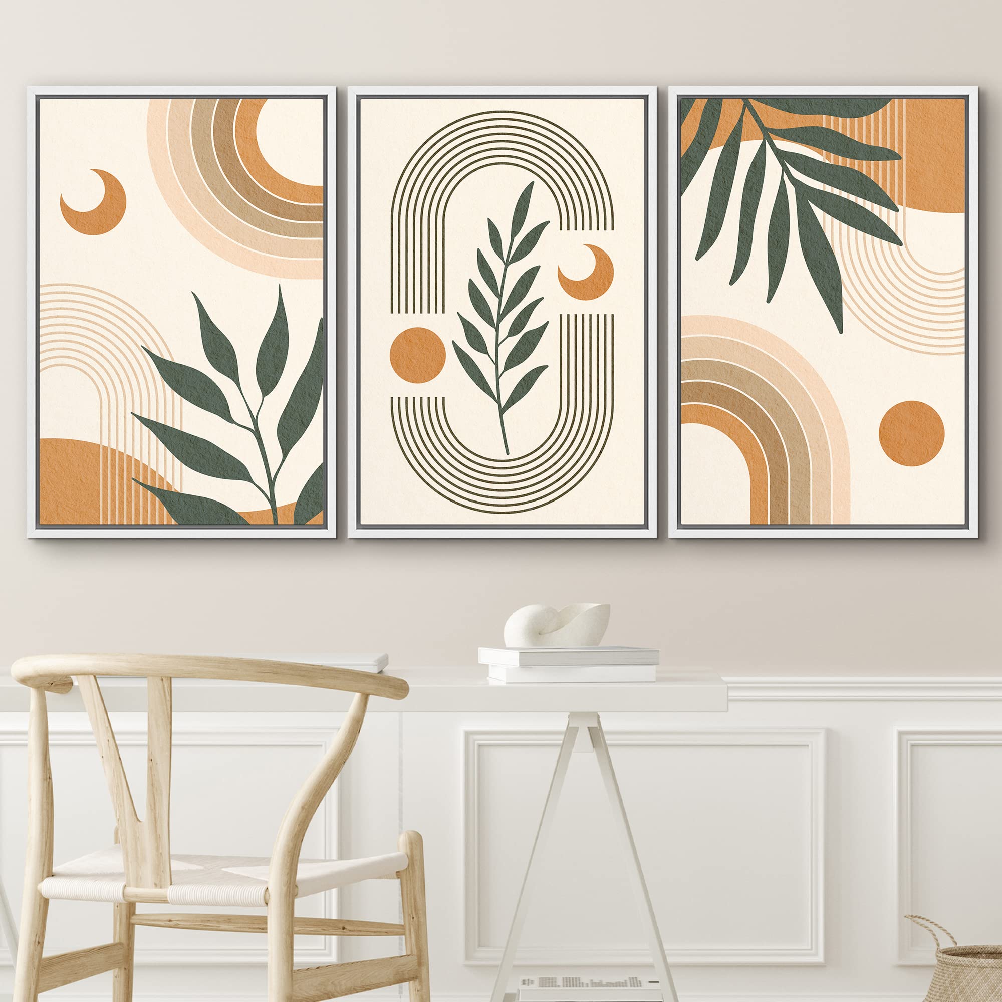 Idea4Wall Framed Wall Art Print Set Geometric Crescent Moon Tropical Plants Nature Abstract Illustrations Modern Decorative Rela