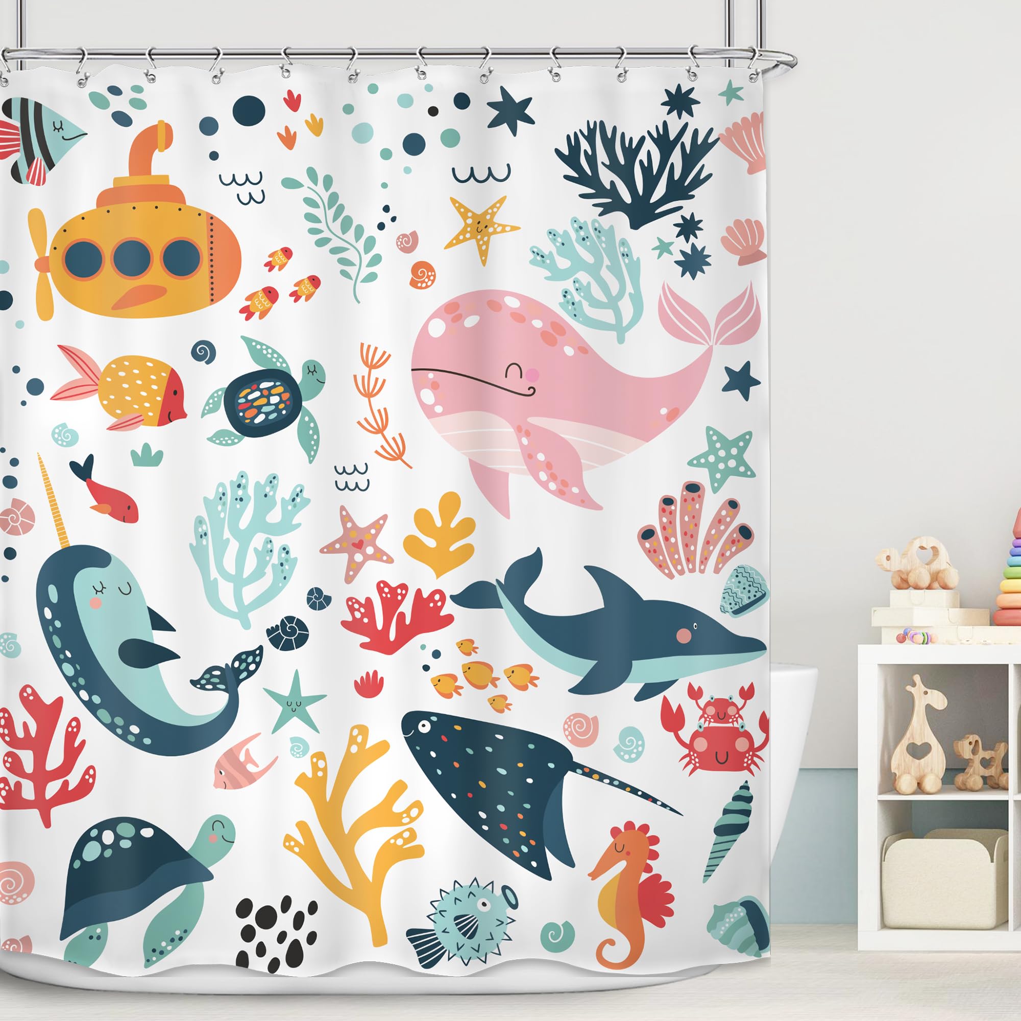 Mitpok Kids Shower Curtain Ocean Cute Cartoon Whale Funny Kid Bathroom Decor For Nursery Baby Boys Girls Underwater Coastal Subm