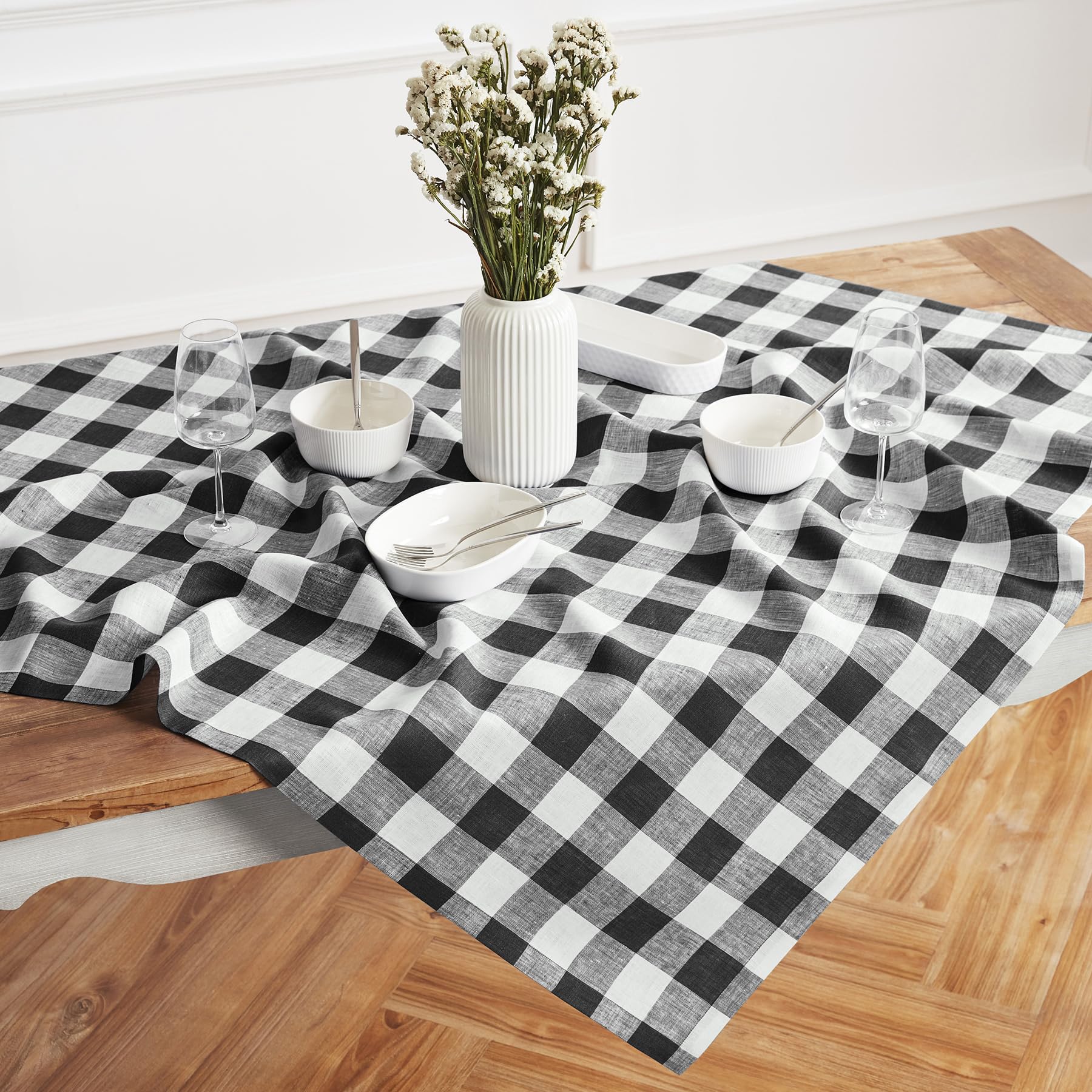 Solino Home Buffalo Check Linen Square Tablecloth 52 X 52 Inch - 100% Pure Linen Black And White Plaid Table Throw - Machine Was