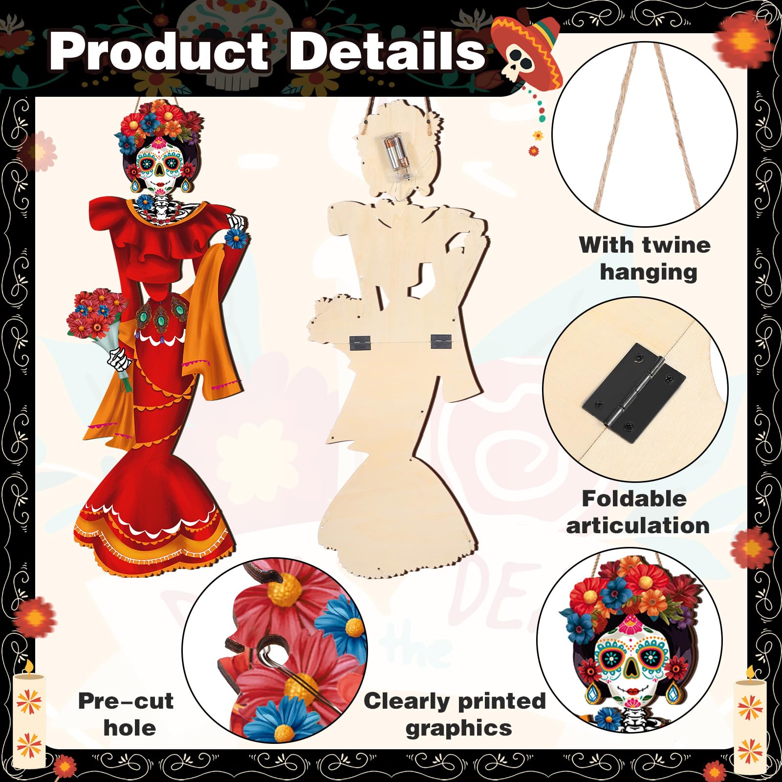 Karenhi 2 Pcs Dia De Muertos Decorations Day of The Dead Porch Decor Mexico Day of The Dead Porch Signs with LED Lights Hallowee