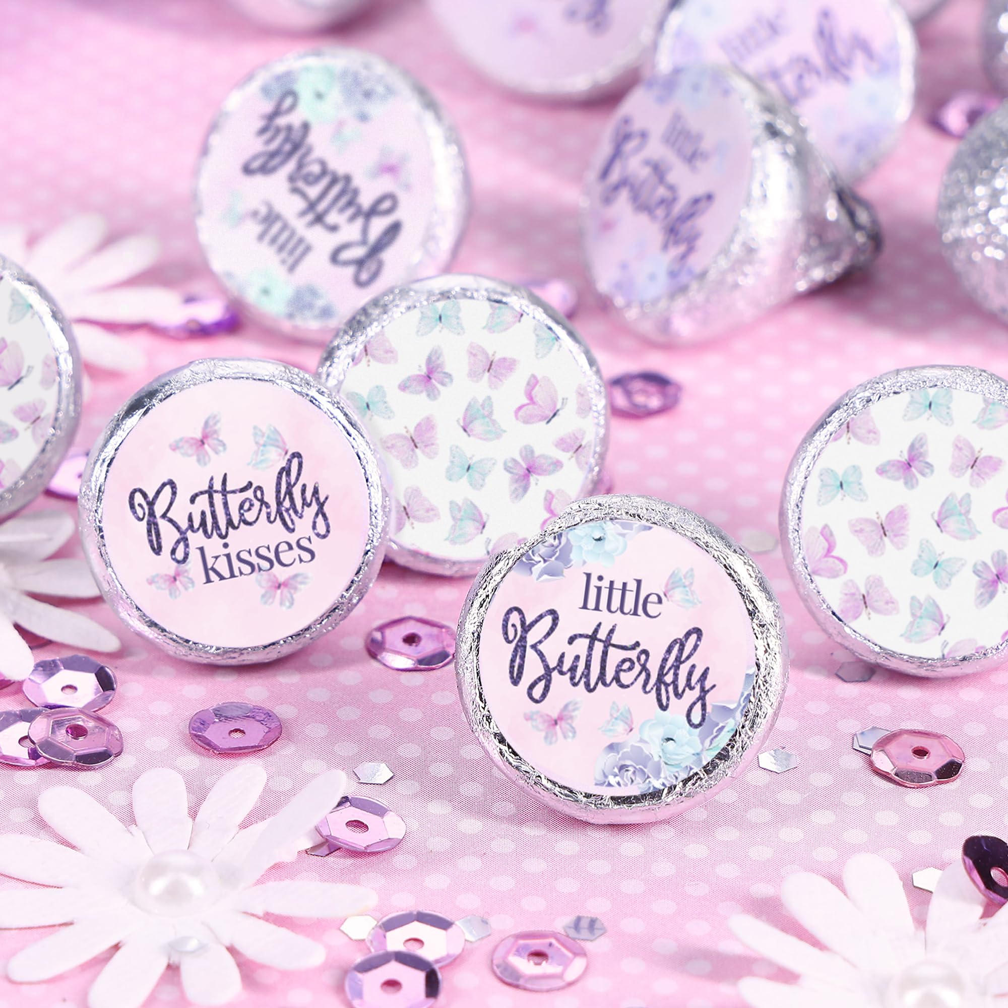 Butterfly Girl Baby Shower Party Favor Stickers, A Little Butterfly Is On Her Way - It'S A Girl Pink And Purple Kisses Candy Lab