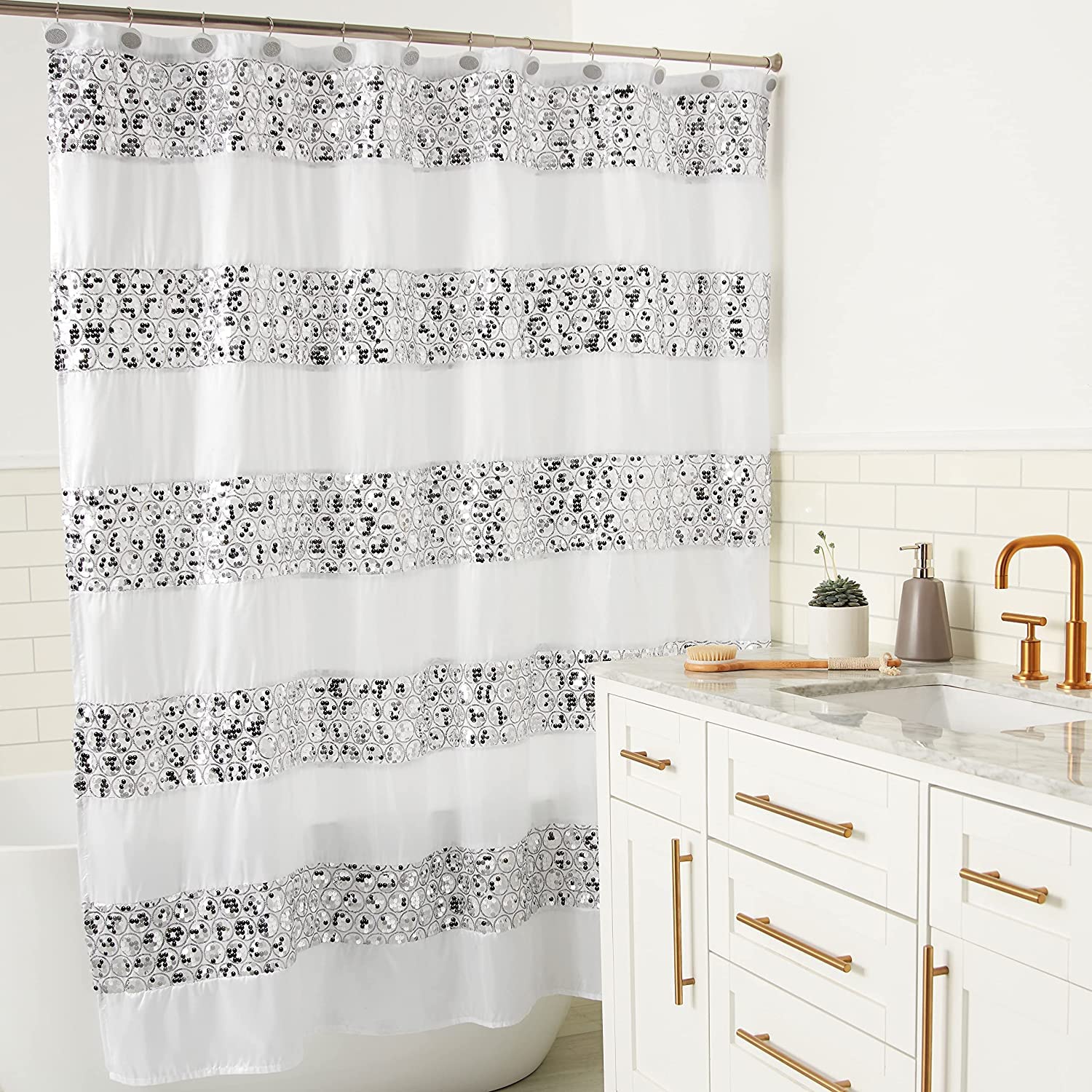 Zahari Home 13pc Sinatra Bathroom Shower Curtain Set Classic Shower Curtain & 12 Shower Curtain Hooks Luxury Pretty Shower Curtain Unique Design Bling White Shower Curtain Set