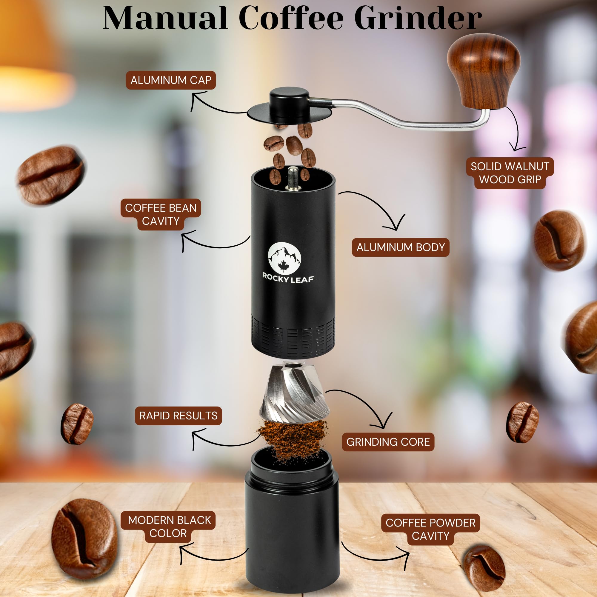 Rocky Leaf Manual Coffee Grinder, Capacity 25G With Adjustable Stainless Steel Burr Coffee Grinder Manual, Faster Grinding Espre