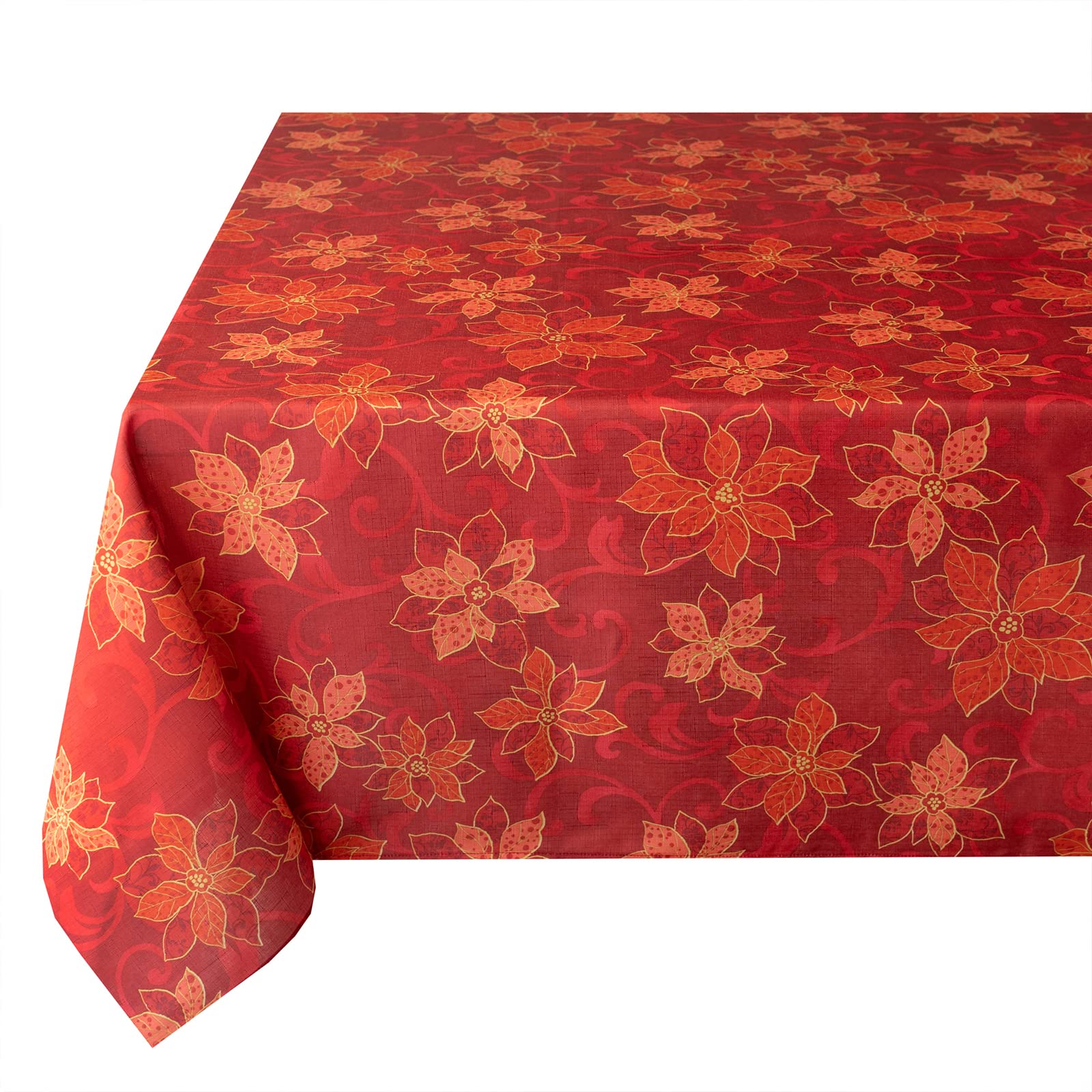 Benson Mills Poinsettia Scroll Printed Rectangle Fabric Table Cloth, Winter, Holiday And Christmas Tablecloth (60'' X 120'' Rect