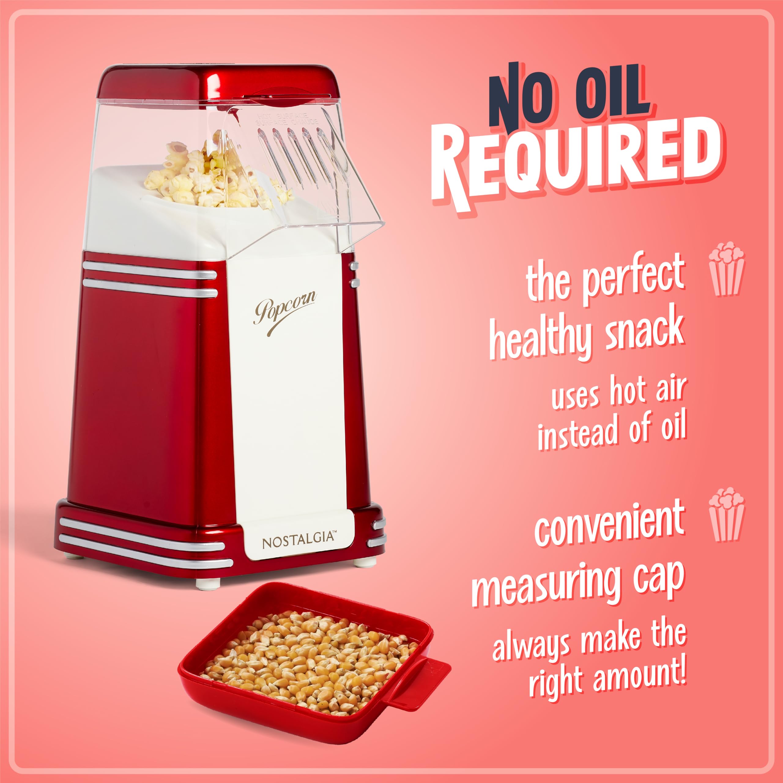 Nostalgia Hot-Air Electric Popcorn Maker, 8 Cups, Healthy Oil Free Popcorn With Measuring Scoop, Retro Red