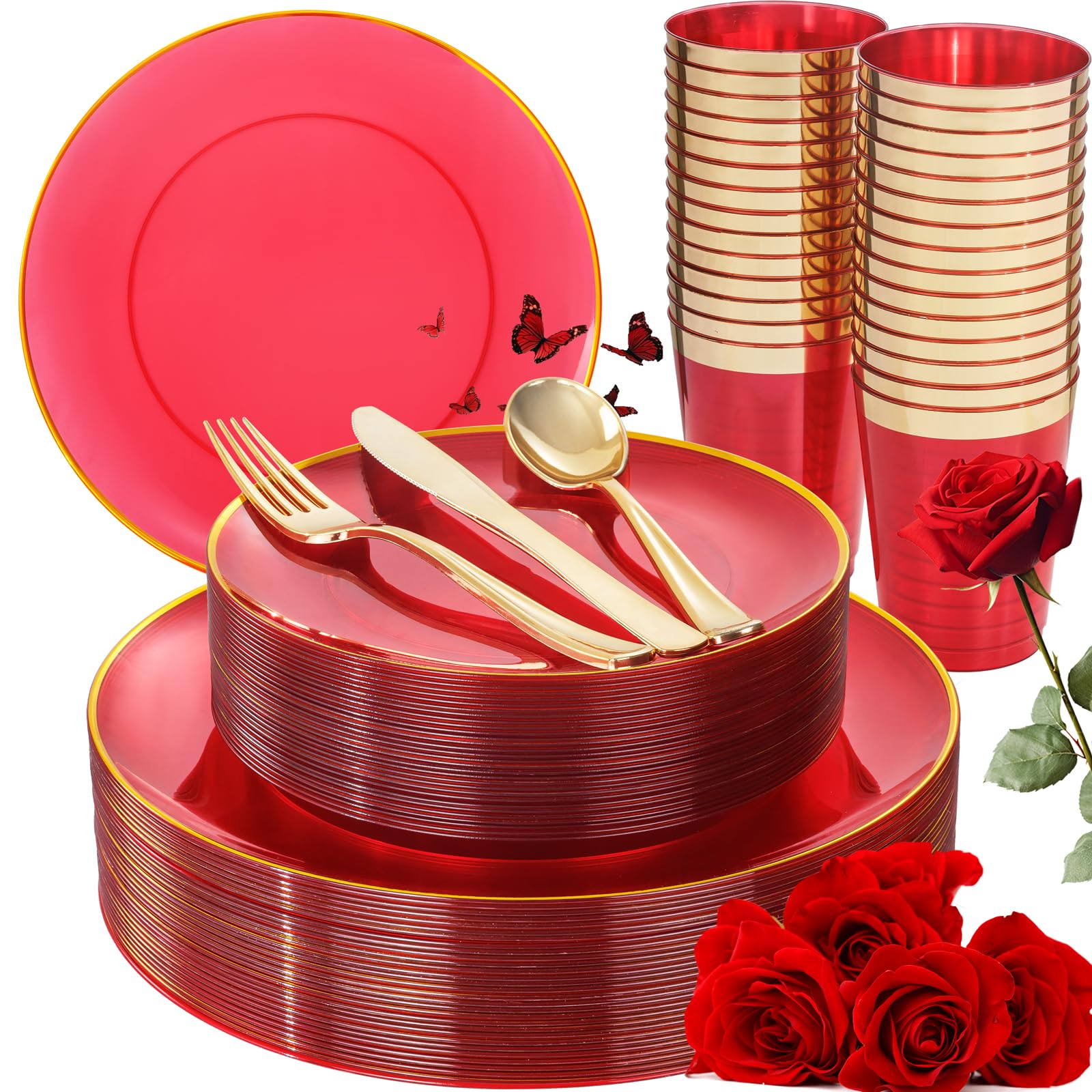 Liyh 180Pcs Clear Red Plastic Plates Disposable - Plastic Red Dinnerware Set With God Edge Plates Include - Gold Plastic Silverw