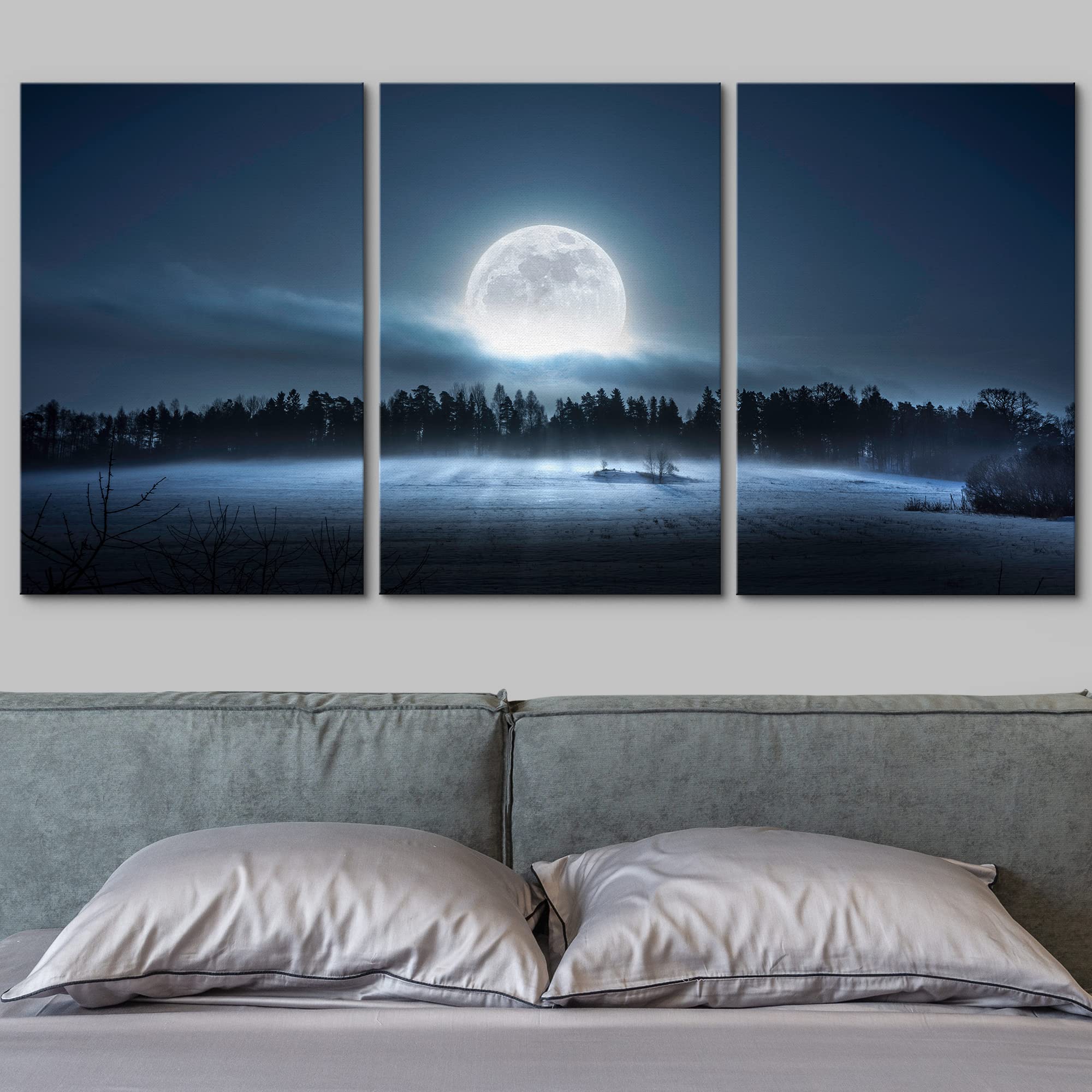 Wall26 - 3 Piece Canvas Wall Art - The Moon Rising Over The Forest And Meadow In The Cold And Misty Morning - Modern Home Art St