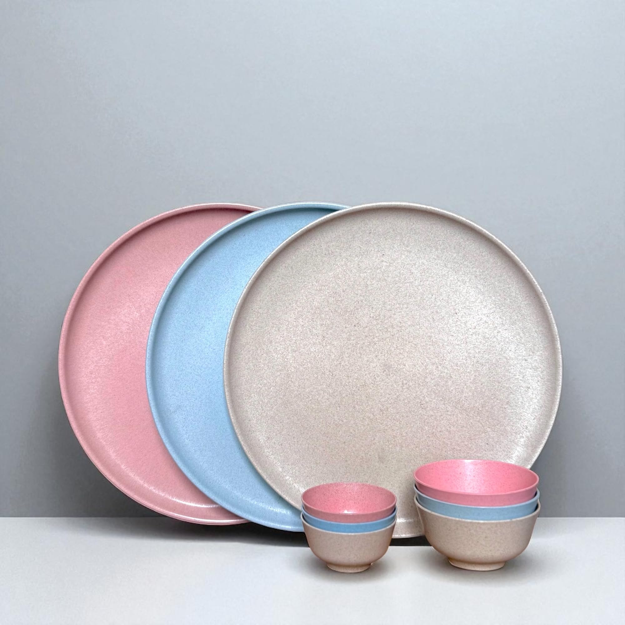 Happy Cove Solid Husk Eco Friendly 12 Inch Dinner Plates|Rice Husk And Bamboo Fibre|Set Of 3 With 3 Bowls (200Ml) And 3 Bowls (1
