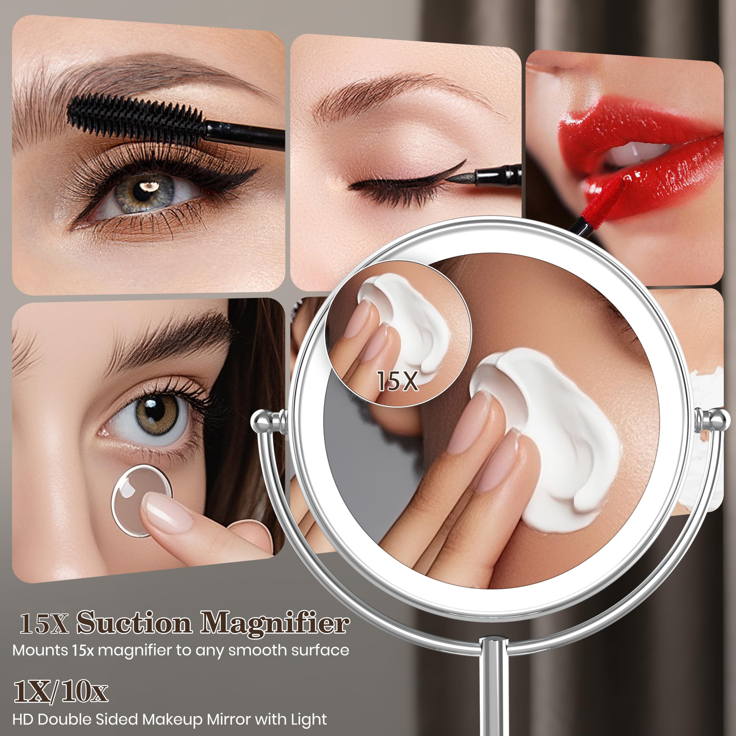 Vesaur Upgraded 11 Large 17 Tall Lighted Makeup Mirror Silver, 1X/10X Dual-Sided Magnifying With 15X Suction Mirror, 3 Color Adj