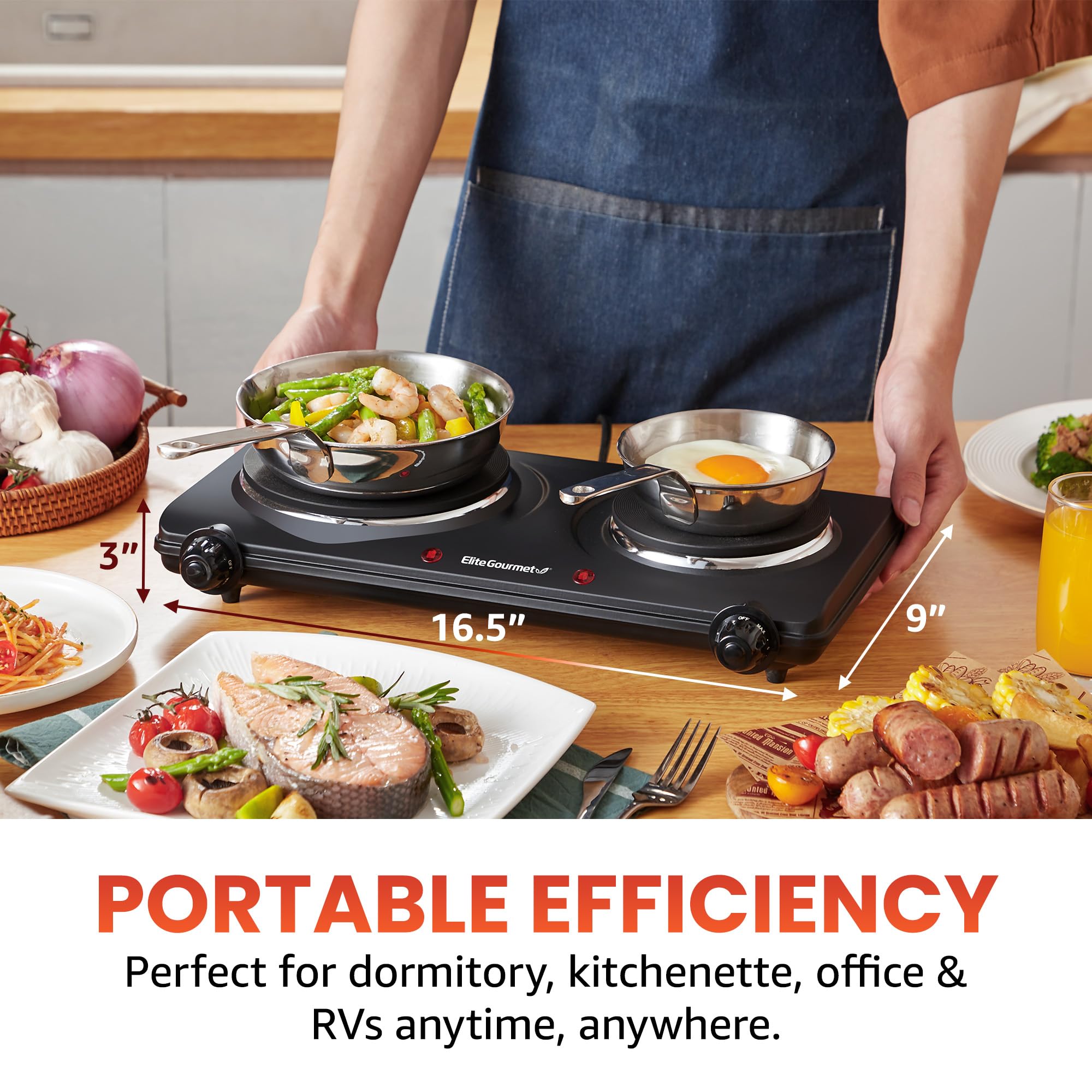Elite Gourmet Double Cast Iron Burner, 1500W Electric Hot Plate, Temperature Control, Black, Model EDB-302BF#
