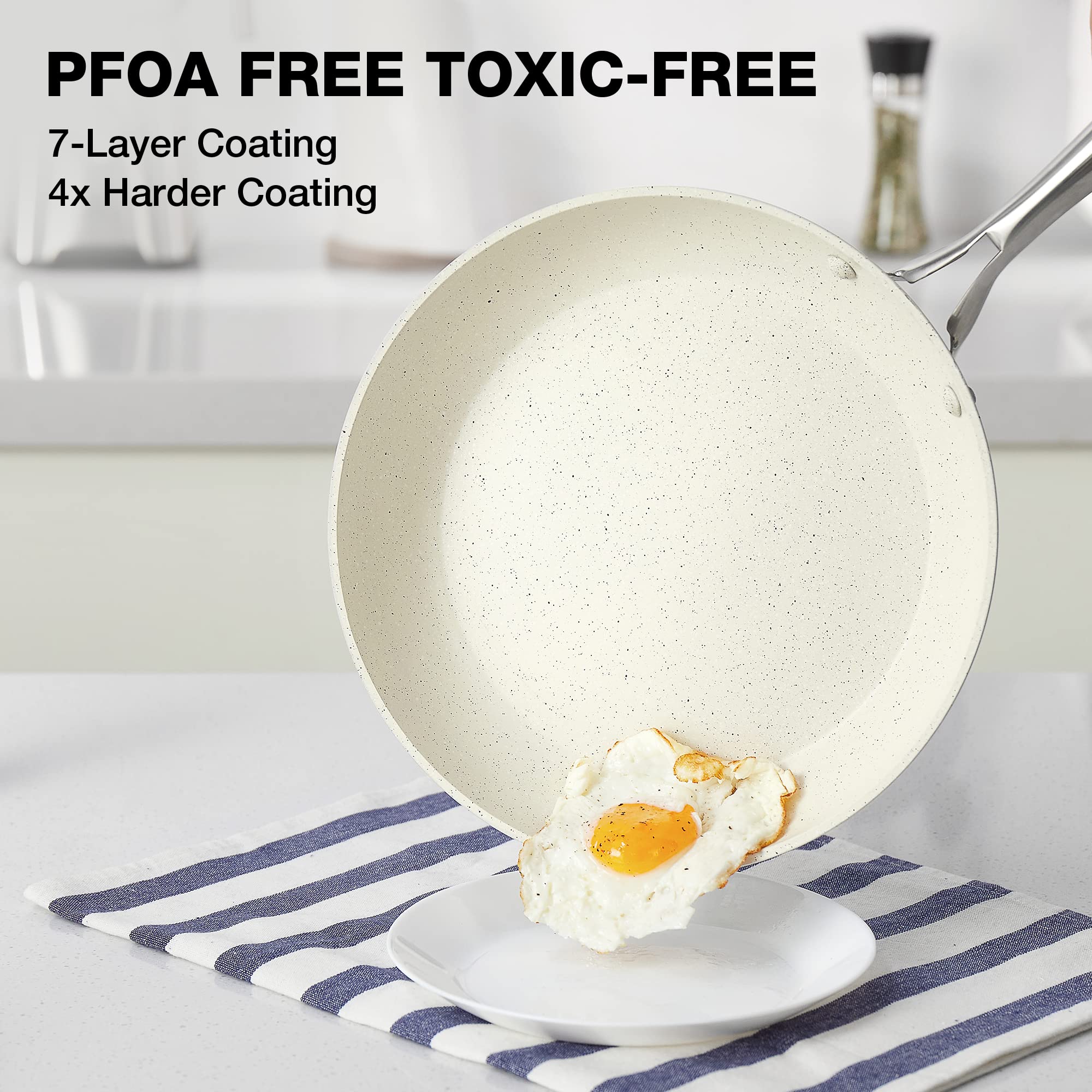 HLAFRG 12 Inch Nonstick Frying Pan with Lid  White Marble Skillet Stone-Derived Coating  APEO & PFOA Free  With Heat-Resistant Handle  Oven Safe and Induction Compatible