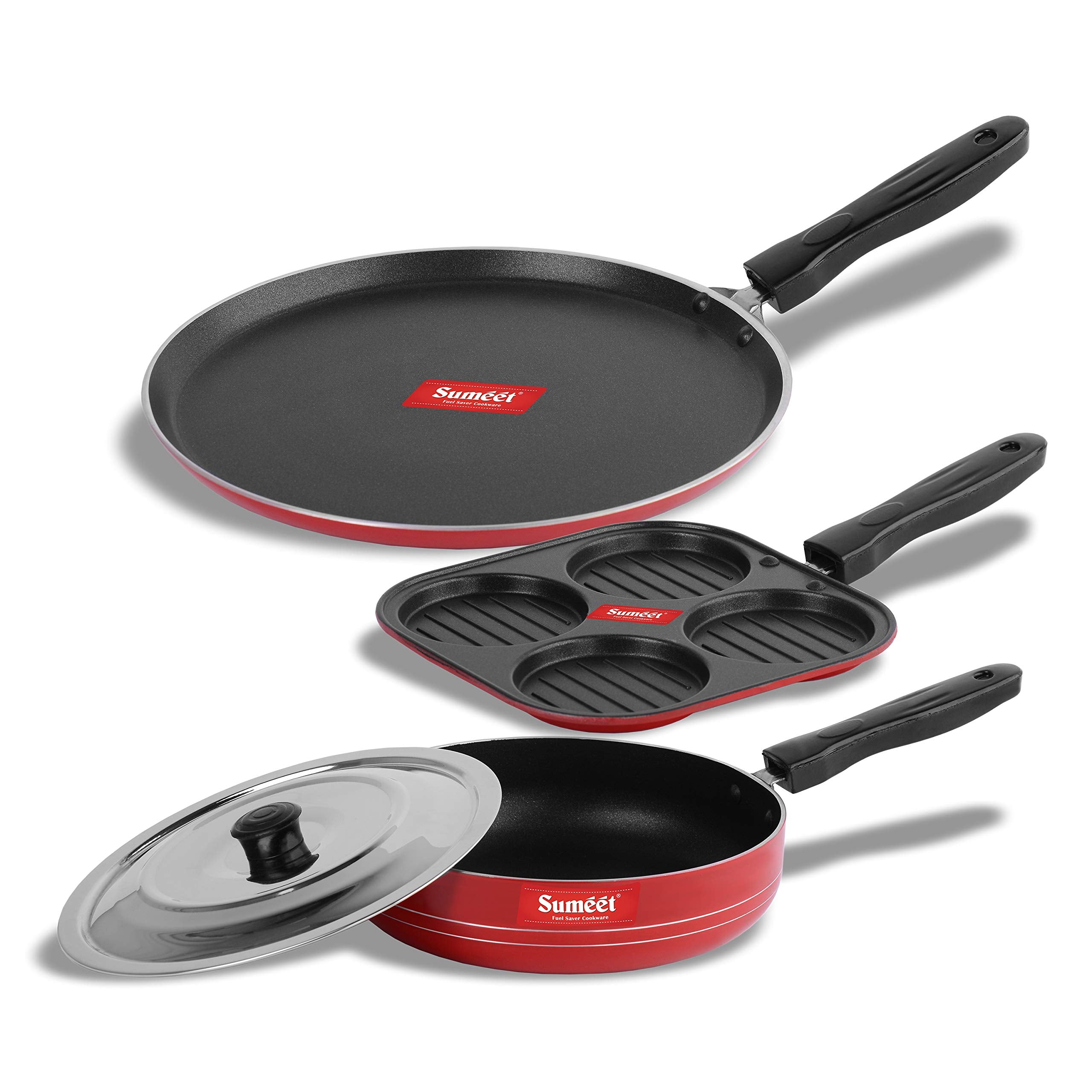 Sumeet 2.6Mm Thick NonStick Redina Combo Set (Dosa Tawa  26.5Cm Dia + Mini Multi Snack Maker  19.5Cm Dia + Fry Pan  1.5Ltr C
