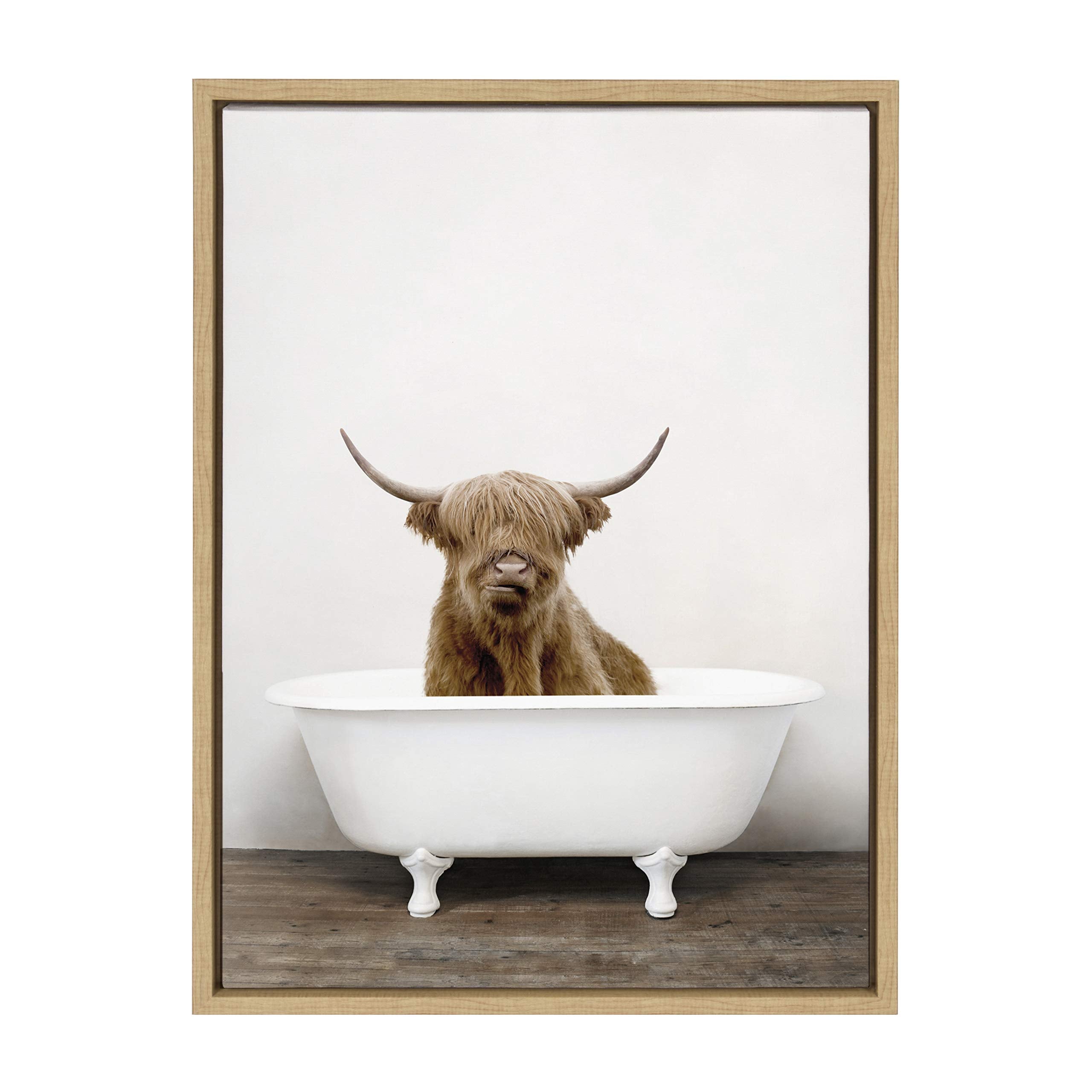 Kate And Laurel Sylvie Highland Cow In Tub Color Framed Canvas Wall Art By Amy Peterson, 18X24 Natural, Chic Animal Art For Wall