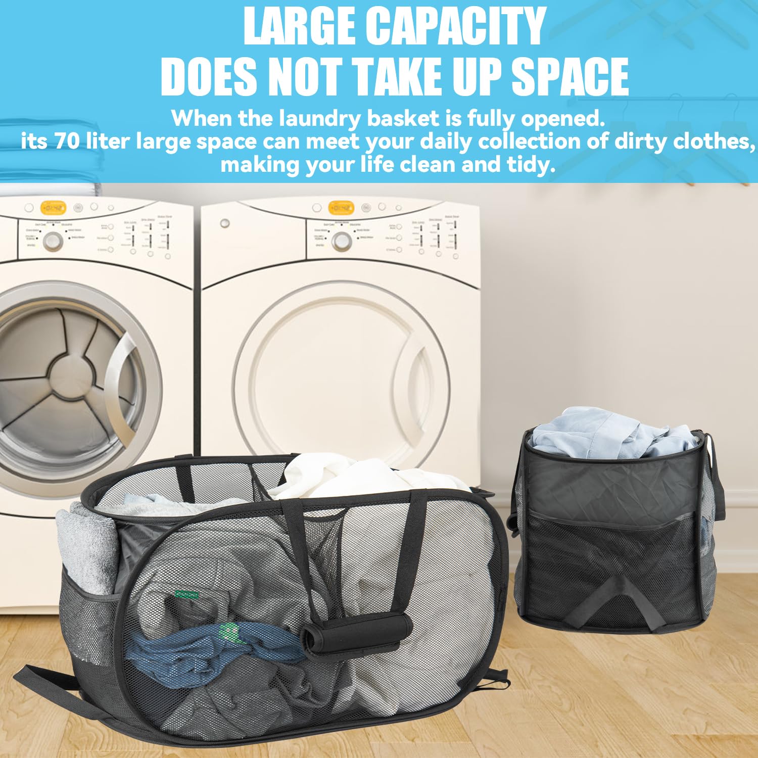 4 Pieces Collapsible Laundry Baskets Pop Up Mesh Laundry Hampers With Handle Soft Cushion And Side Pockets, Foldable Clothes Bas