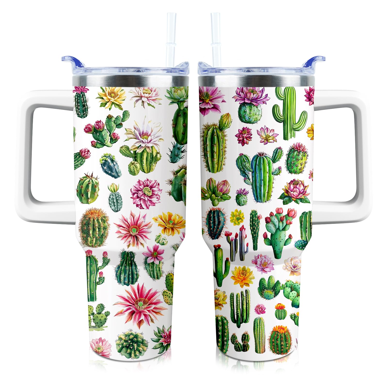 PERRIFIC Cactus Mug 40 oz Tumbler with Handle and Straw Lid Leak Proof - Cactus Coffee Travel Mug with Handle Insulated for Hot 