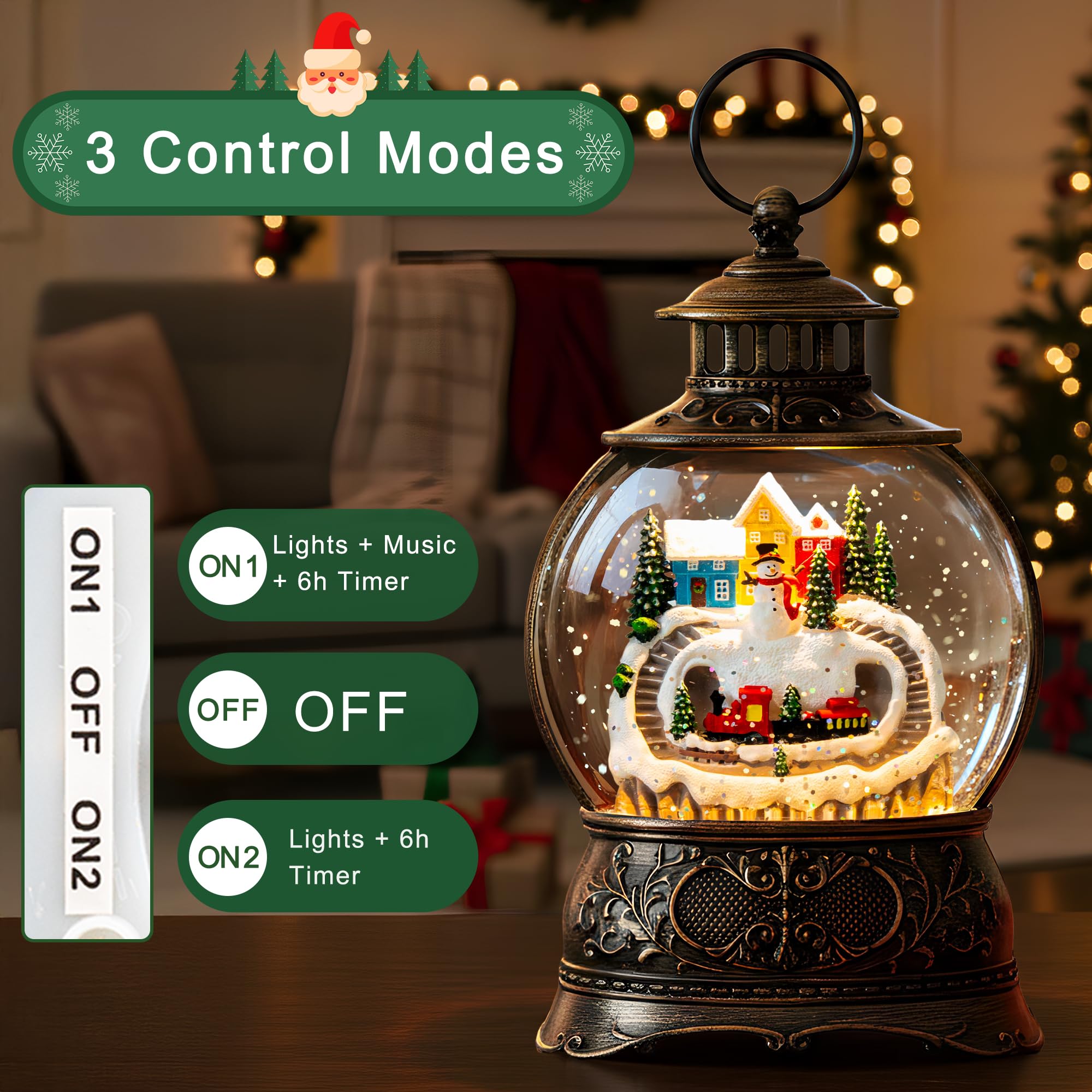 Christmas Village Snow Globe Water Lantern with Snowman and Train Scene Battery Operated or USB Powered Musical Lighted Holiday