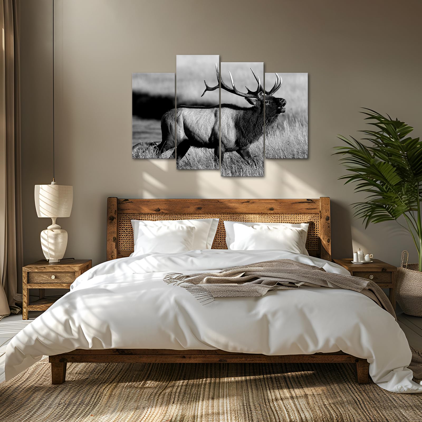 Levvarts - 4 Piece Animal Picture Black And White Bull Elk Canvas Wall Art Painting For Living Room Home Office Decor Modern Wil