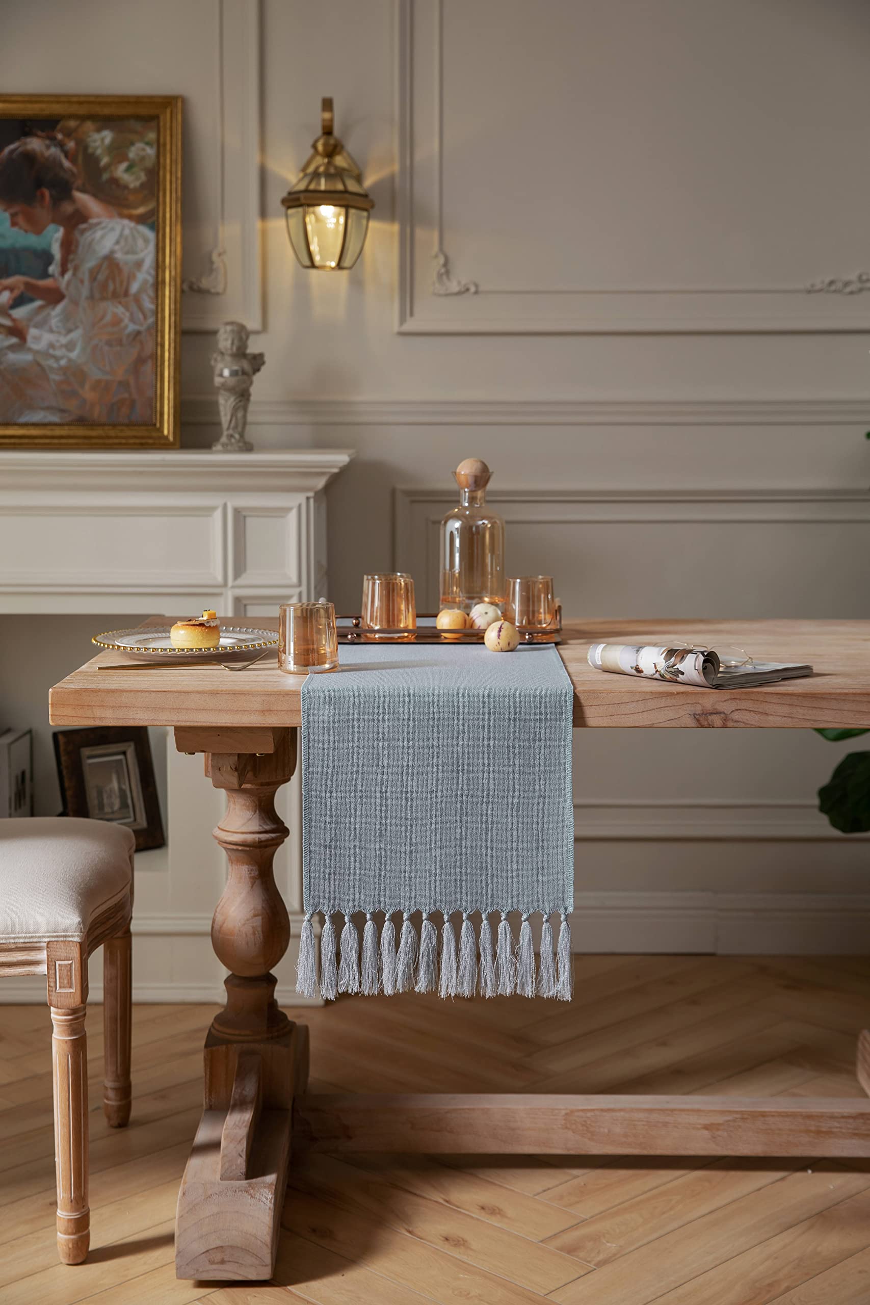 ZeeMart Dusty Blue Table Runners 90 Inches Long  Burlap Linen Style Rustic Farmhouse Table Runner  Long Boho Dining Table Runner  13x90 Inches  Light Dusty Blue