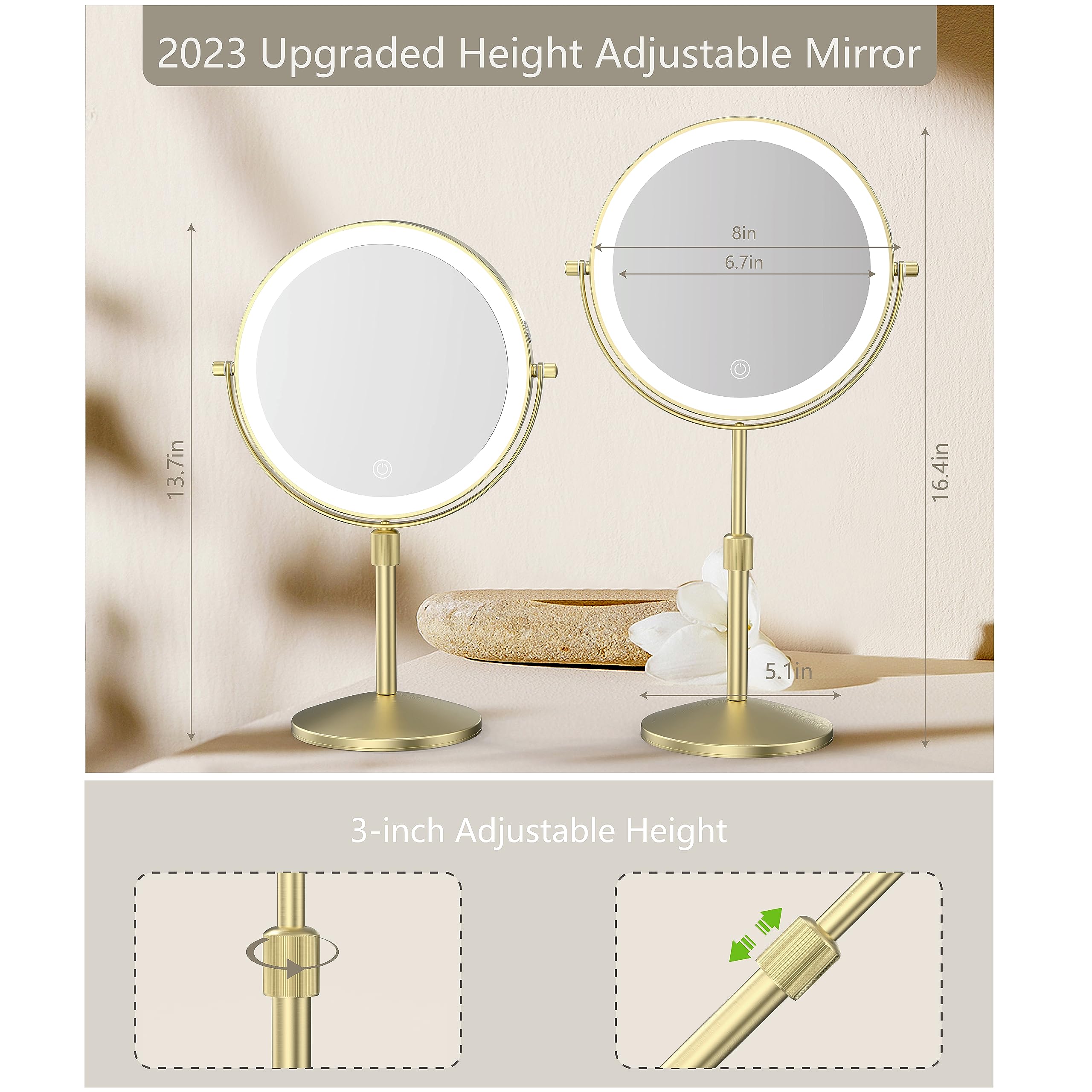 Miroamz 8'' Lighted Makeup Mirror, 1X/10X Magnification Mirror With Lights, Double Sided Dimmable Mirror, Rechargeable & Brightn