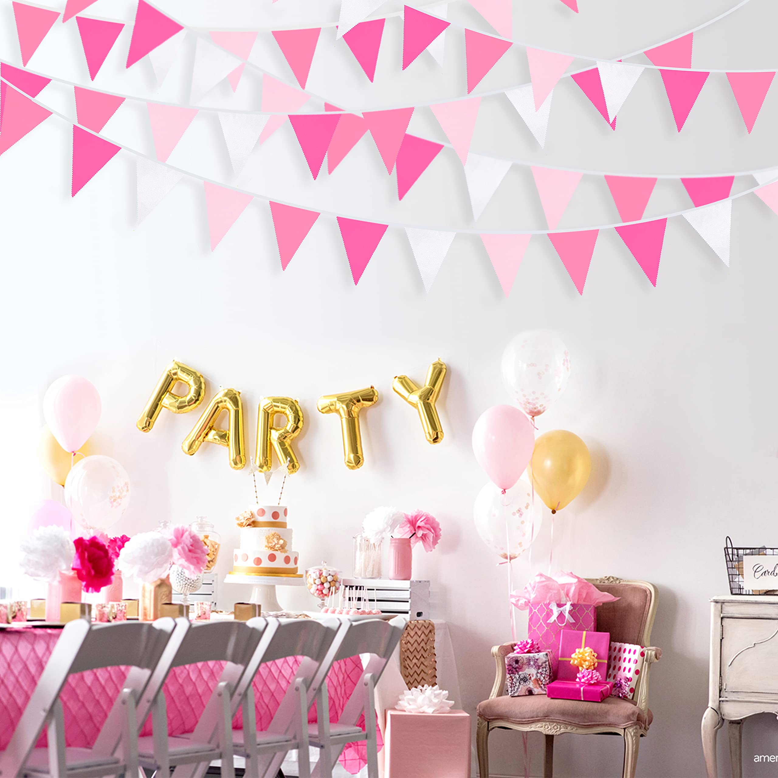 32Ft Rose Hot Pink Pennant Banner Fabric Triangle Flag Cotton Bunting Garland Kit For Wedding Birthday Baby Shower Anniversary P
