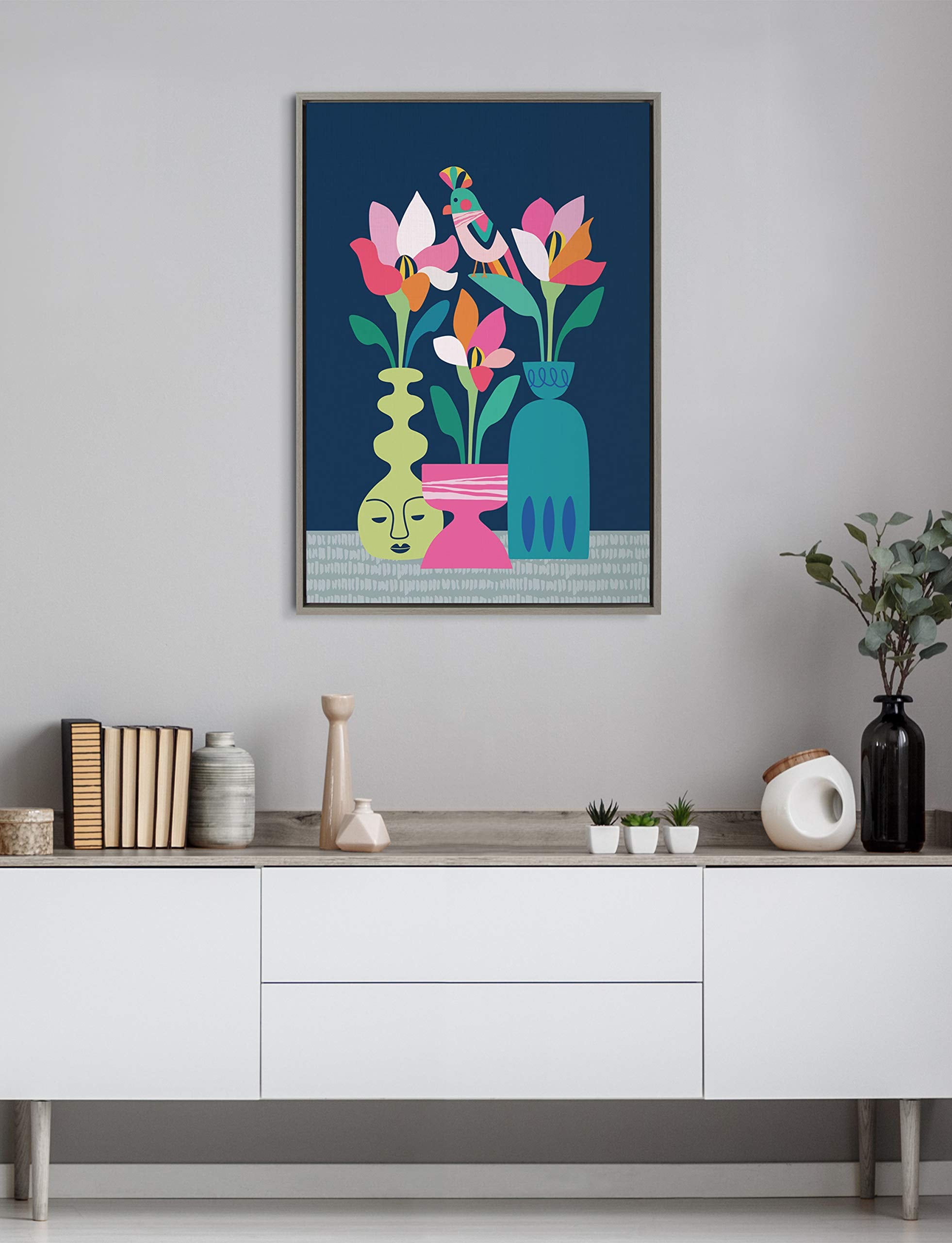 Kate And Laurel Sylvie Mid Century Modern Magnolias Framed Canvas Wall Art By Rachel Lee Of My Dream Wall, 23X33 Gray, Vibrant T