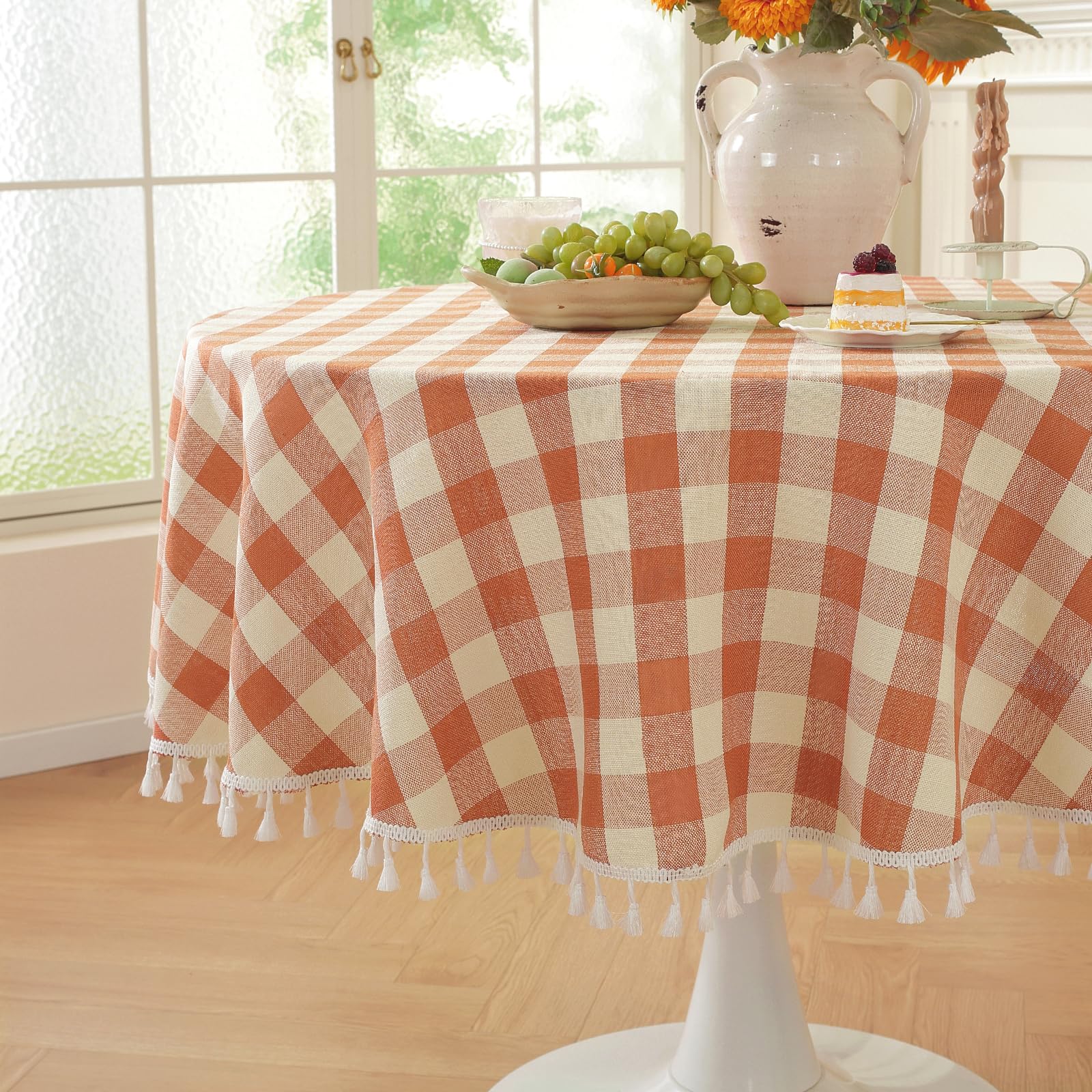 Laolitou Thanksgiving Orange Checkered Round Tablecloth Washable Buffalo Plaid Table Cloth with Tassel Cotton Linen Gingham Tabl