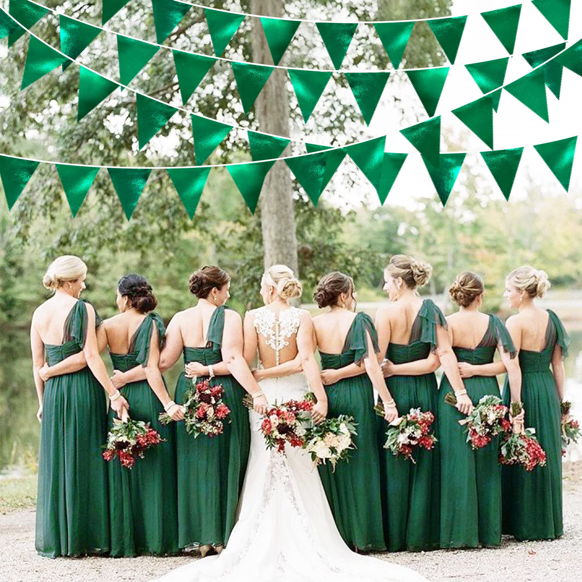 Green Party Decorations Triangle Pennant Banner Flag Dark Green Metallic Fabric Bunting Garland For Graduation Wedding Bridal Sh