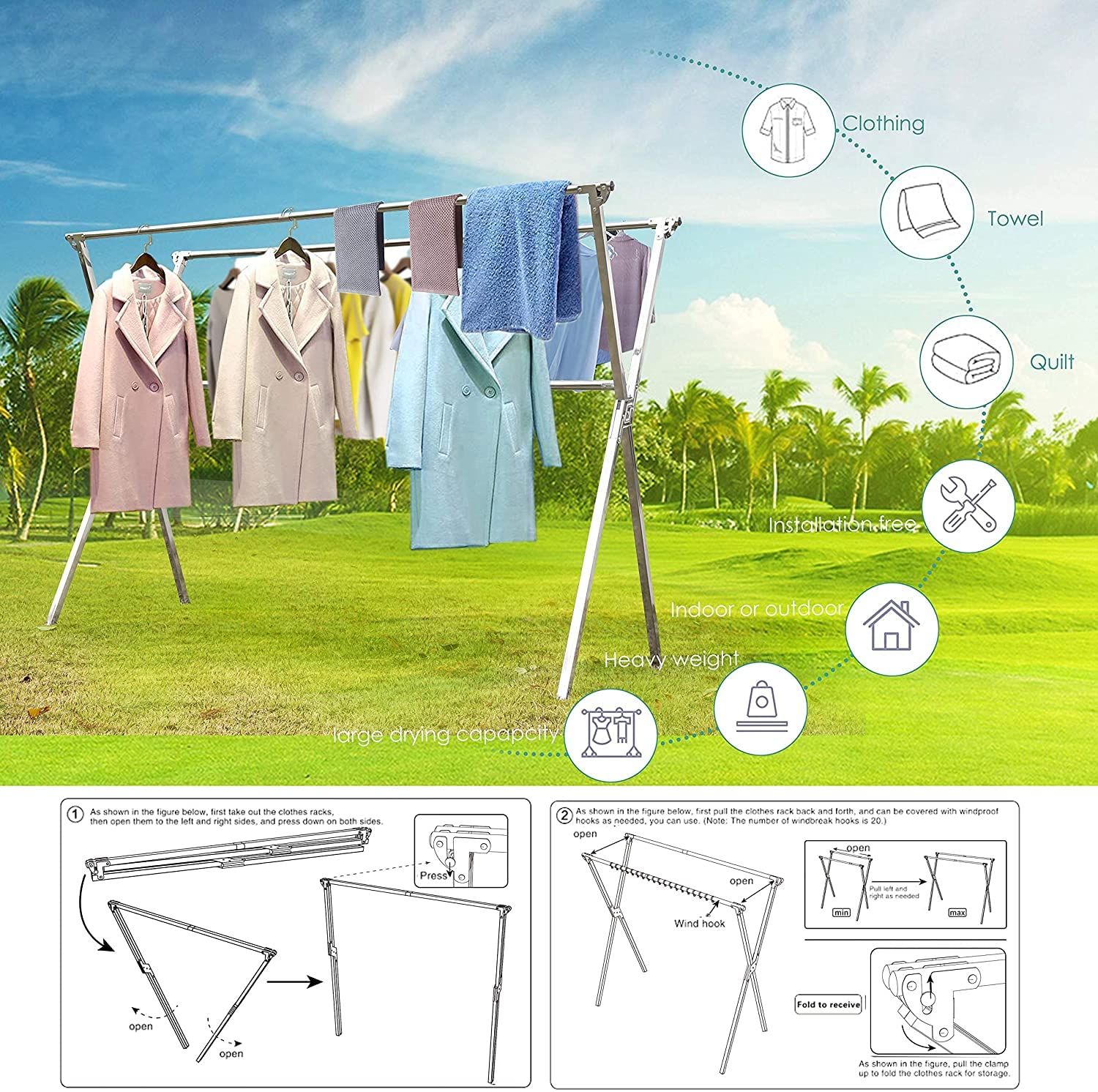 AUGMIRR Clothes Drying Racks Outdoor  81 Inches Updated Version Stainless Steel Laundry Drying Rack for Indoor Outdoor and The Balcony Length Adjustable Saves Space with Windproof Hooks