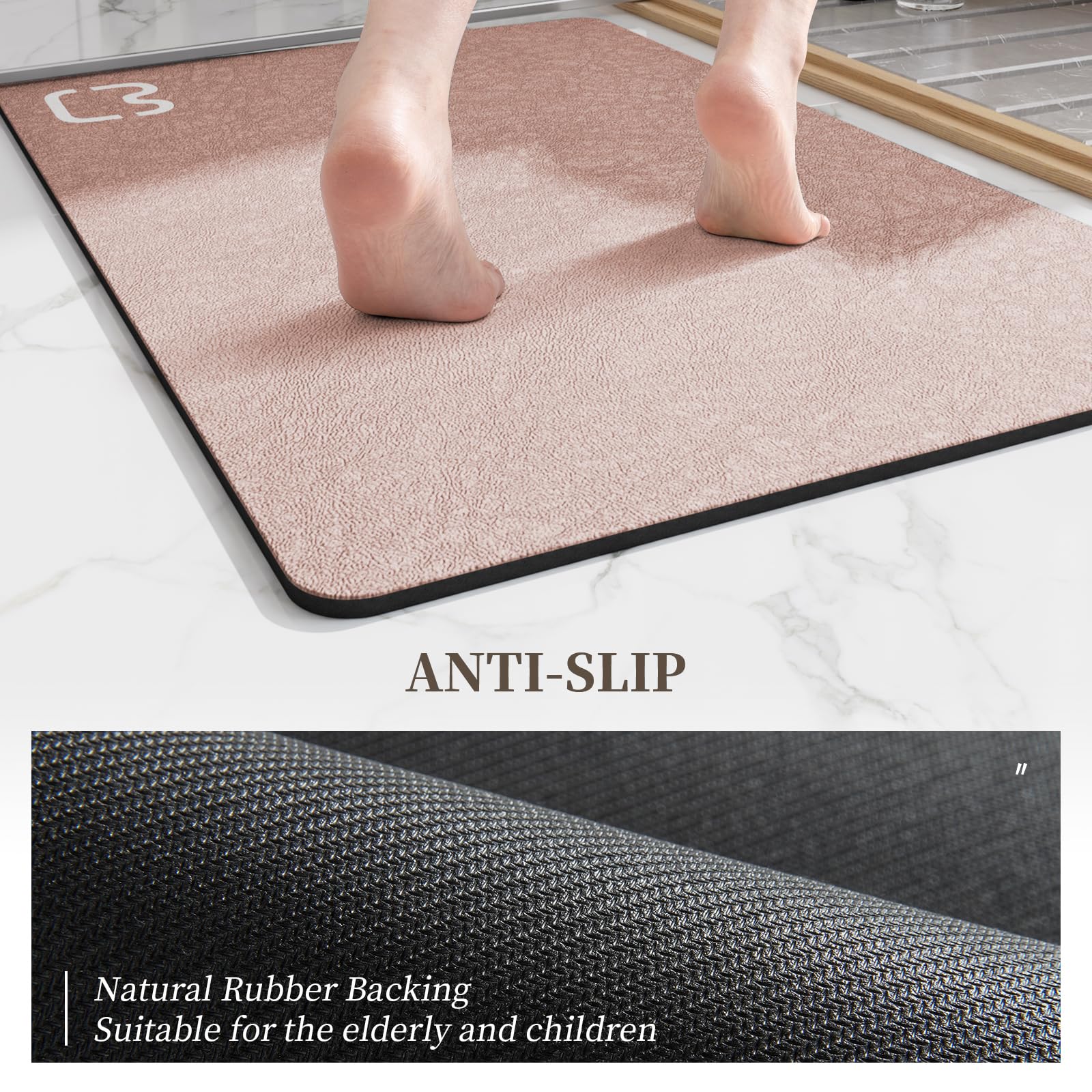 Blush Pink Diatomaceous Earth Bath Mat 15.7''X47.2'' Extra Long Bathroom Mat Large Fast Dry Super Absorbent Non-Slip Rubber Back