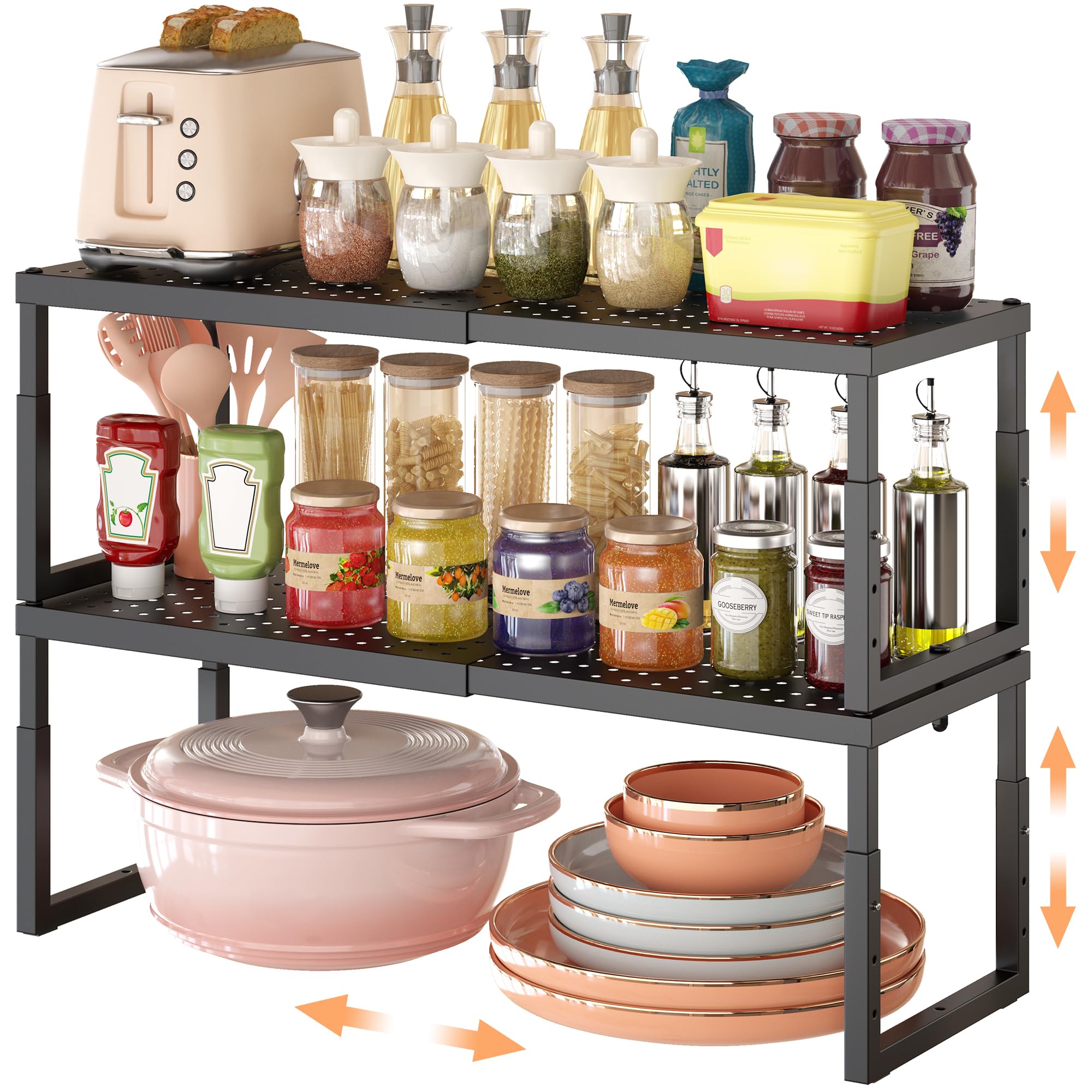 RUILALIFE ExpandableStackableShelfOrganizerForCabinet Pantry Closet,Kitchen Counter Shelf With Adjustable Height, Metal Sto