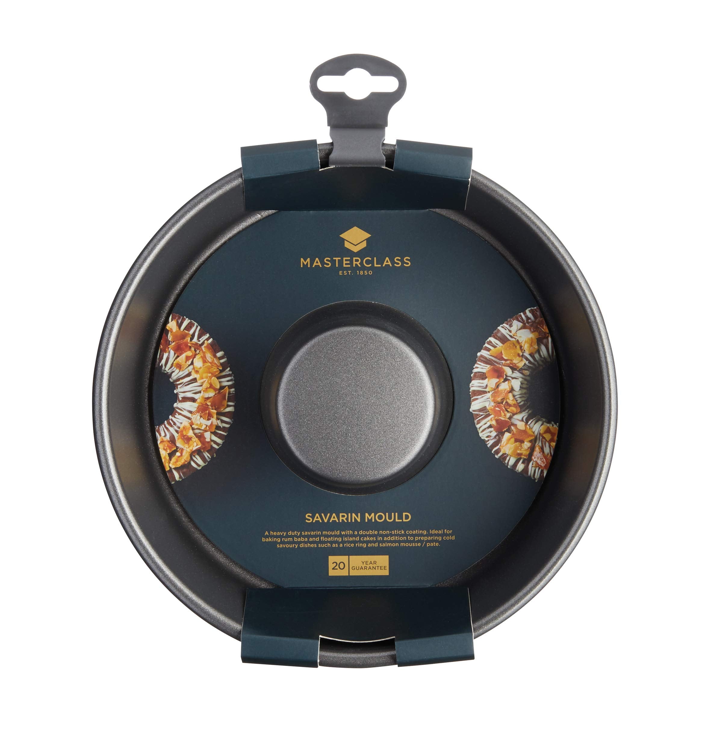 MasterClass KCMCHB76 20 cm Ring Cake Tin with PFOA Non Stick  Robust 1 mm Carbon Steel  8 Inch Savarin Mould  Grey