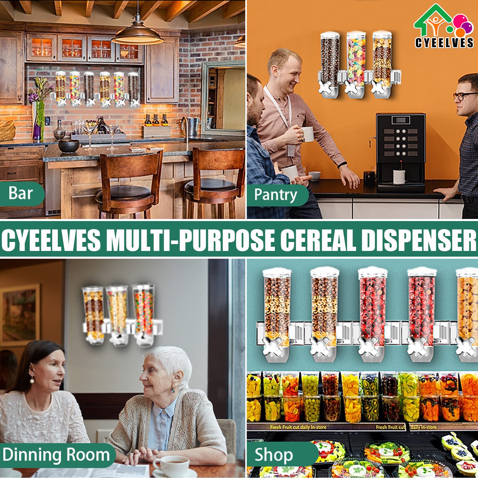 Food Dispenser Wall Mounted Grain Dispenser, Cereal Dispenser With Cup, Dry Food Dispenser Wall Mounted Triple Cereal Dispenser,
