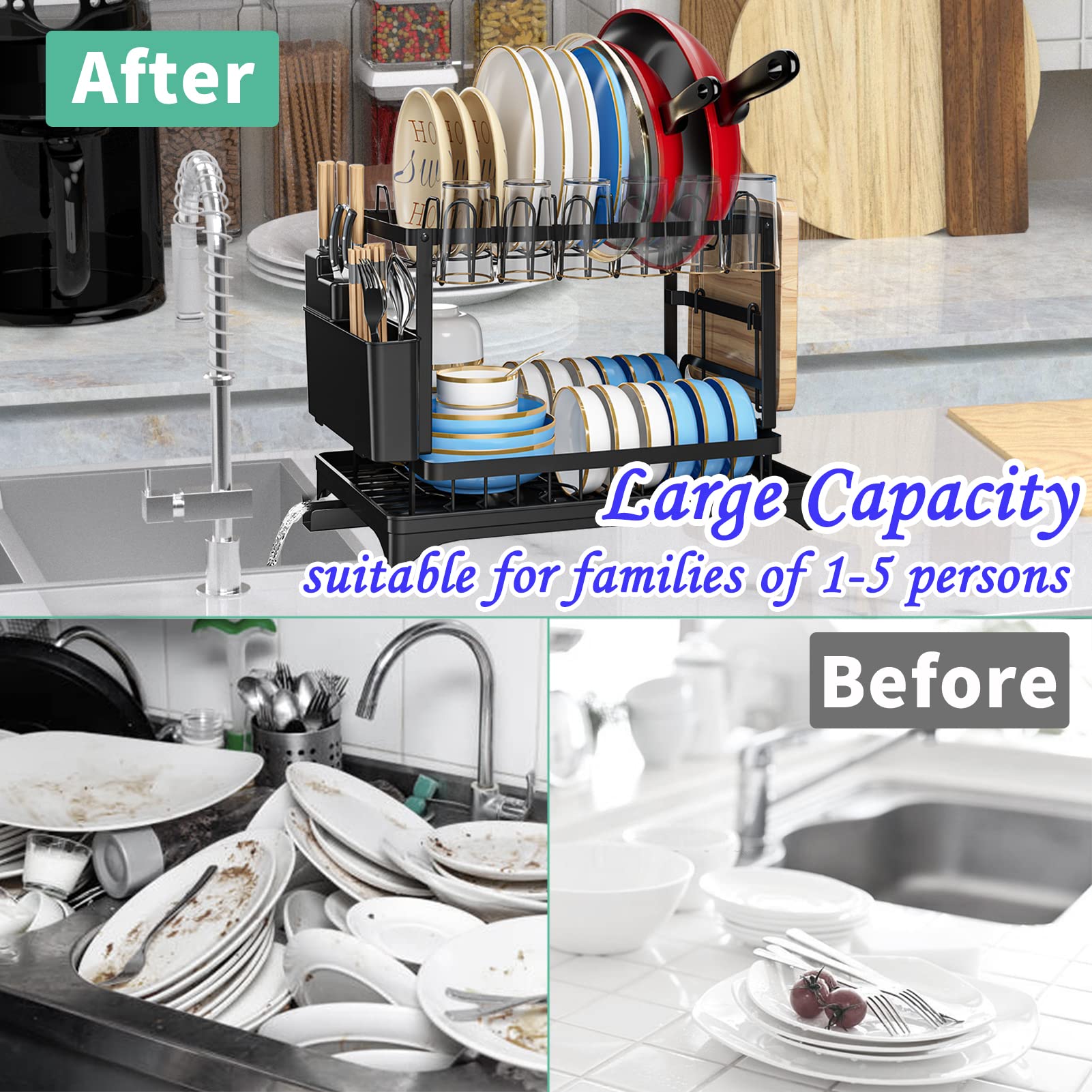 Xlmys Dish Drying Rack, 2 Tier Large Dish Drying Rack For Kitchen Counter With Drainboard Stainless Steel Dish Drainer For Dish/